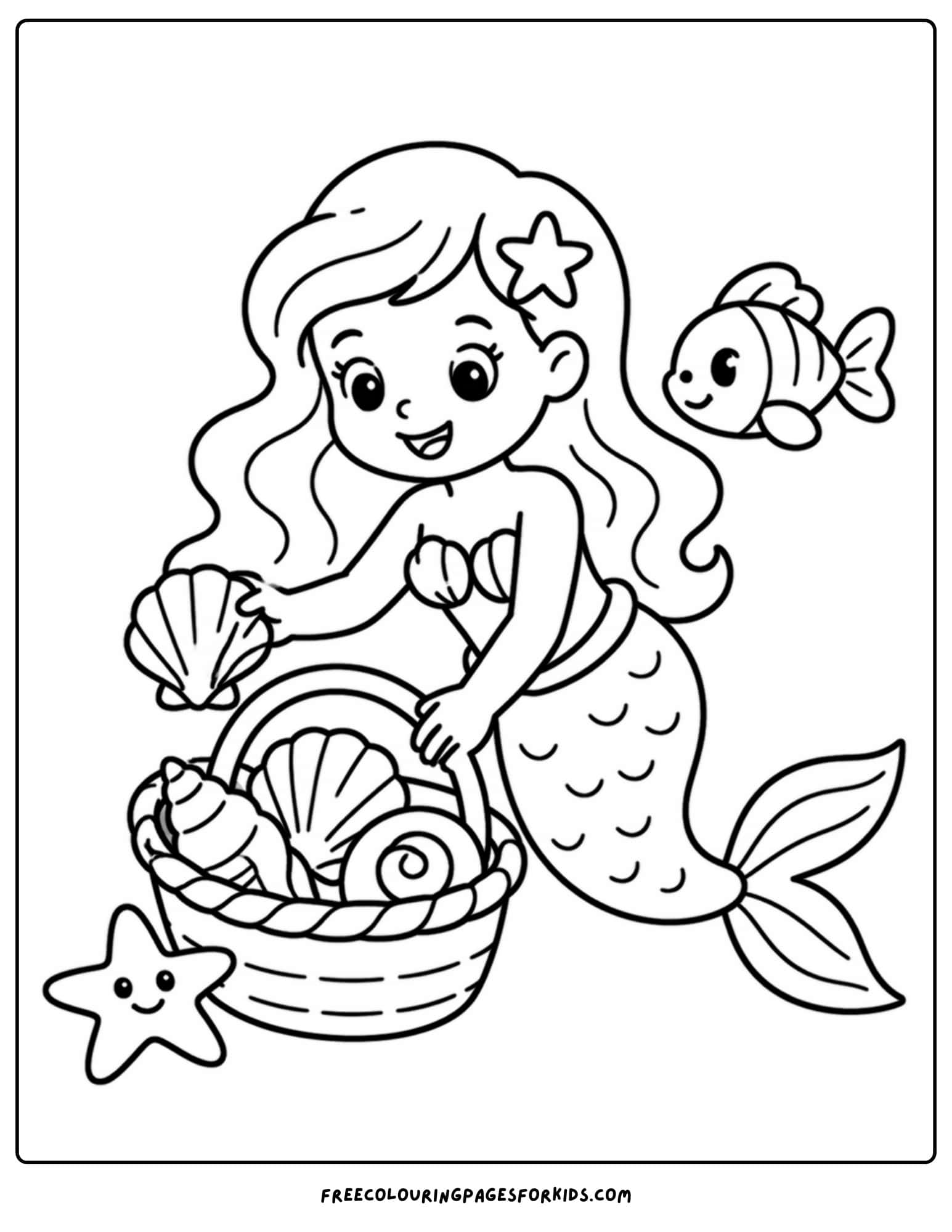 a coloring page of a mermaid collecting shells in a basket