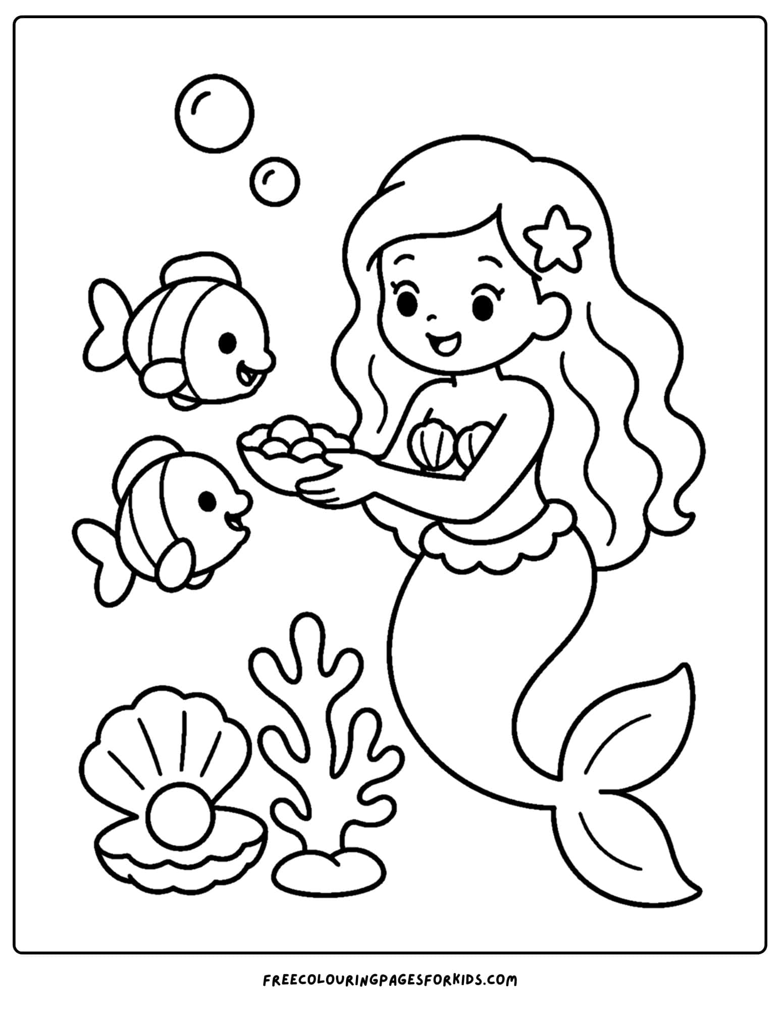 a coloring page of a mermaid feeding some fish