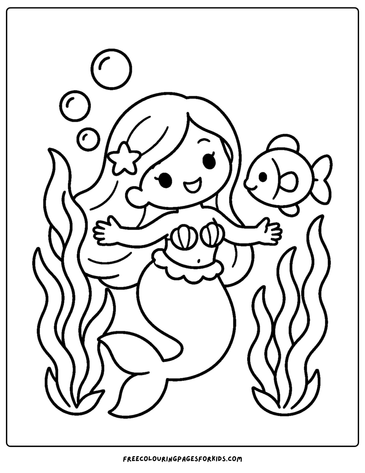 a coloring page of a mermaid emerging from between some seaweed