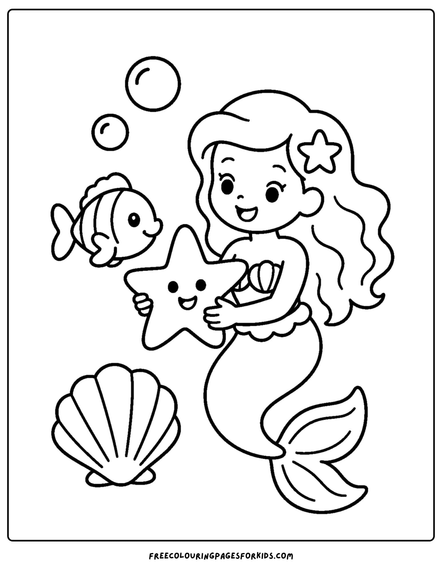 a coloring page of a mermaid holding a big starfish