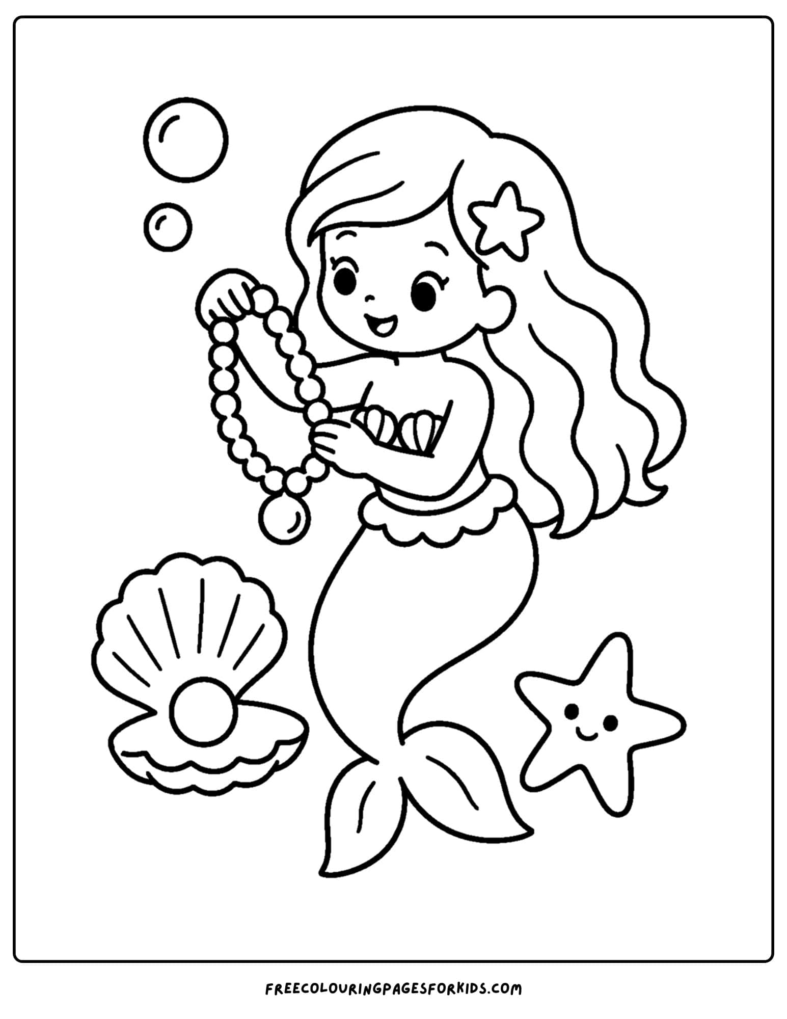 a coloring page of a mermaid with a pearl necklace