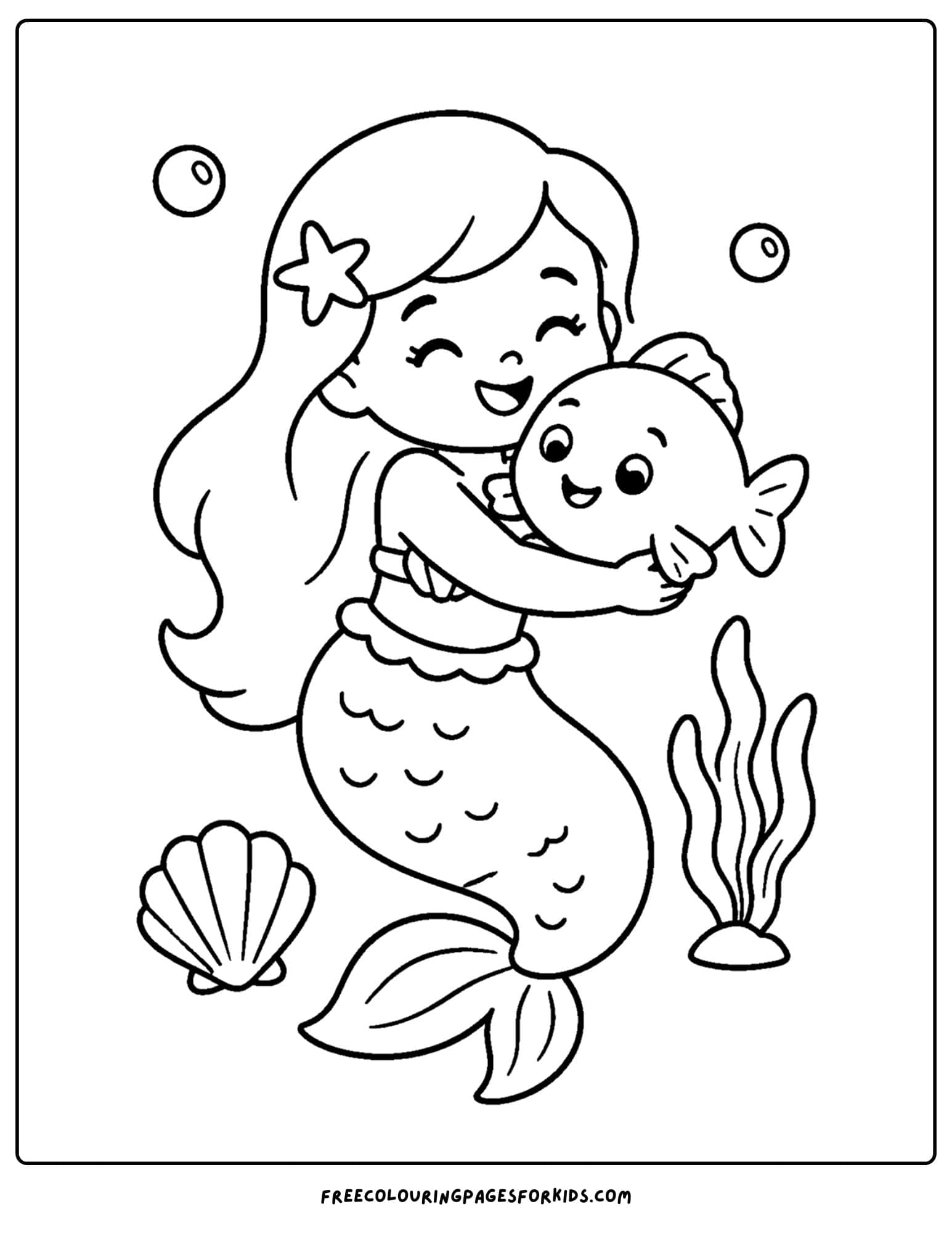 a coloring page of a mermaid hugging a little fish