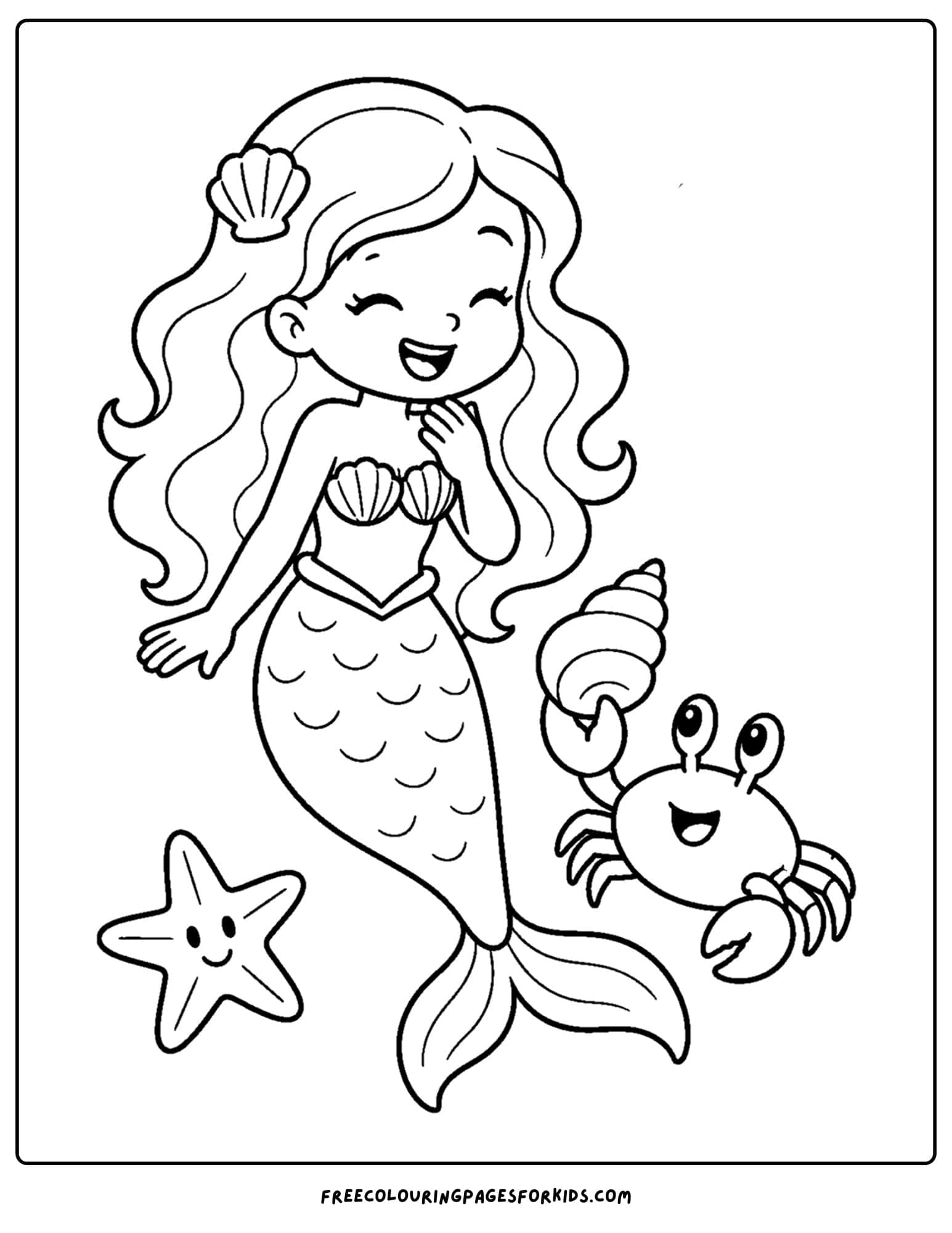 a coloring page of a mermaid laughing with a crab