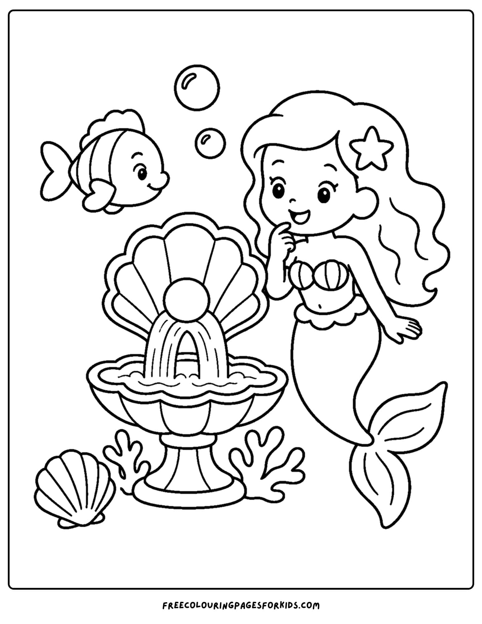 a coloring page of a mermaid looking at a fountain