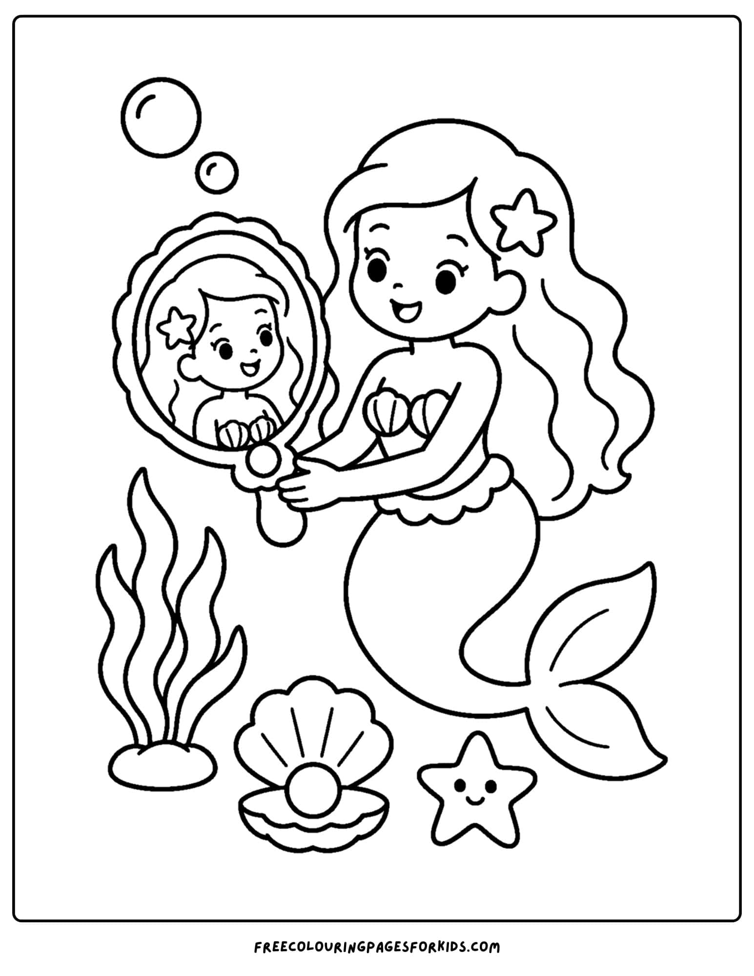a coloring page of a mermaid looking into a mirror