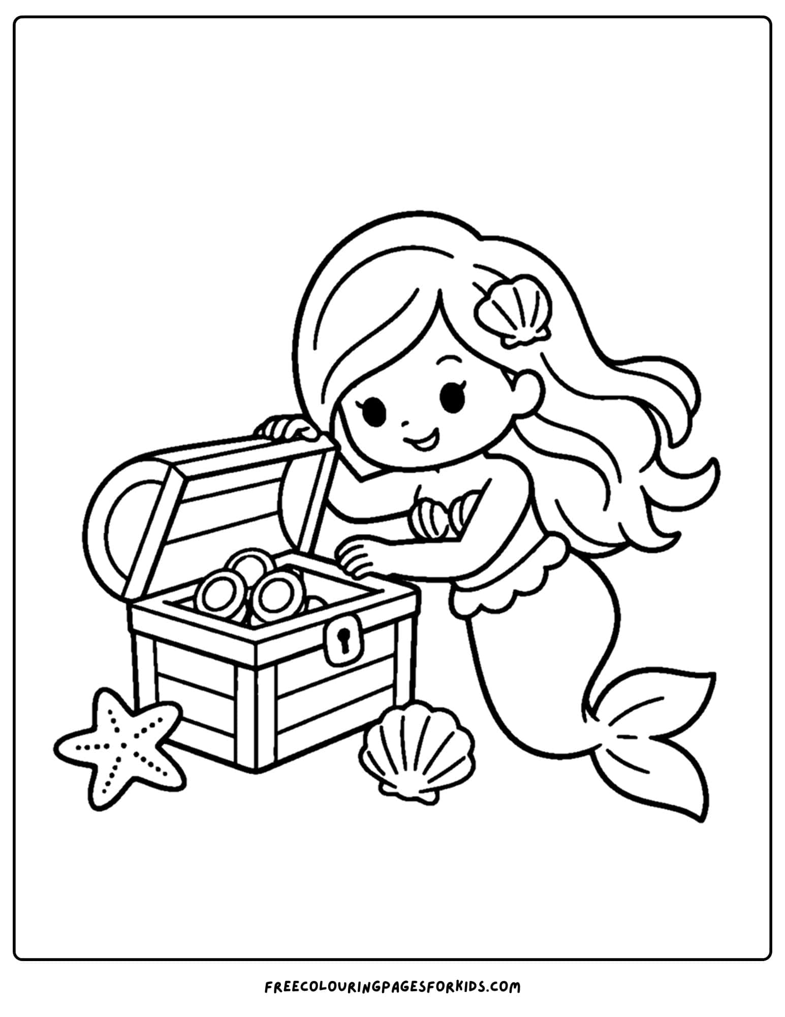 a coloring page of a mermaid opening a treasure chest