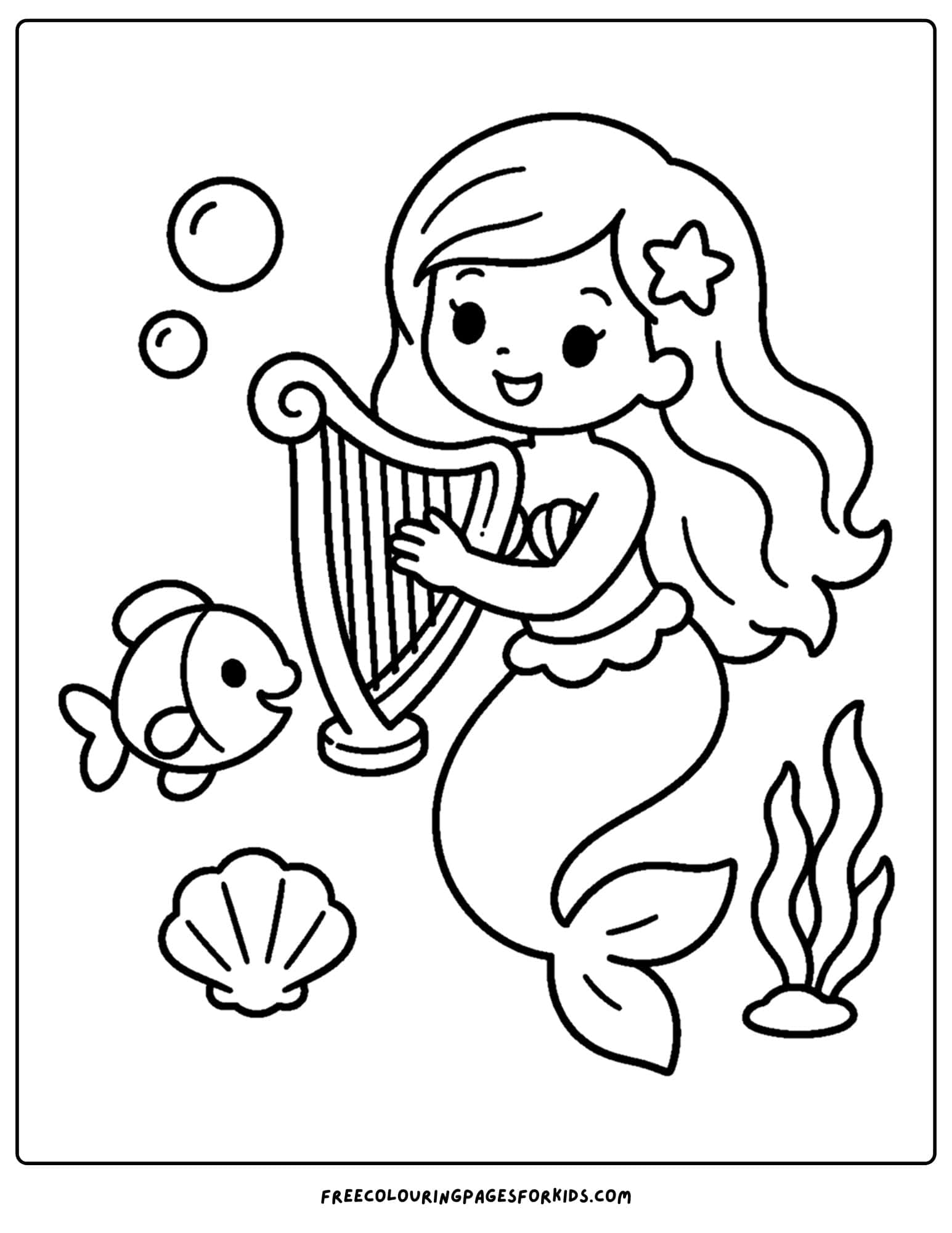 a coloring page of a mermaid playing a small harp