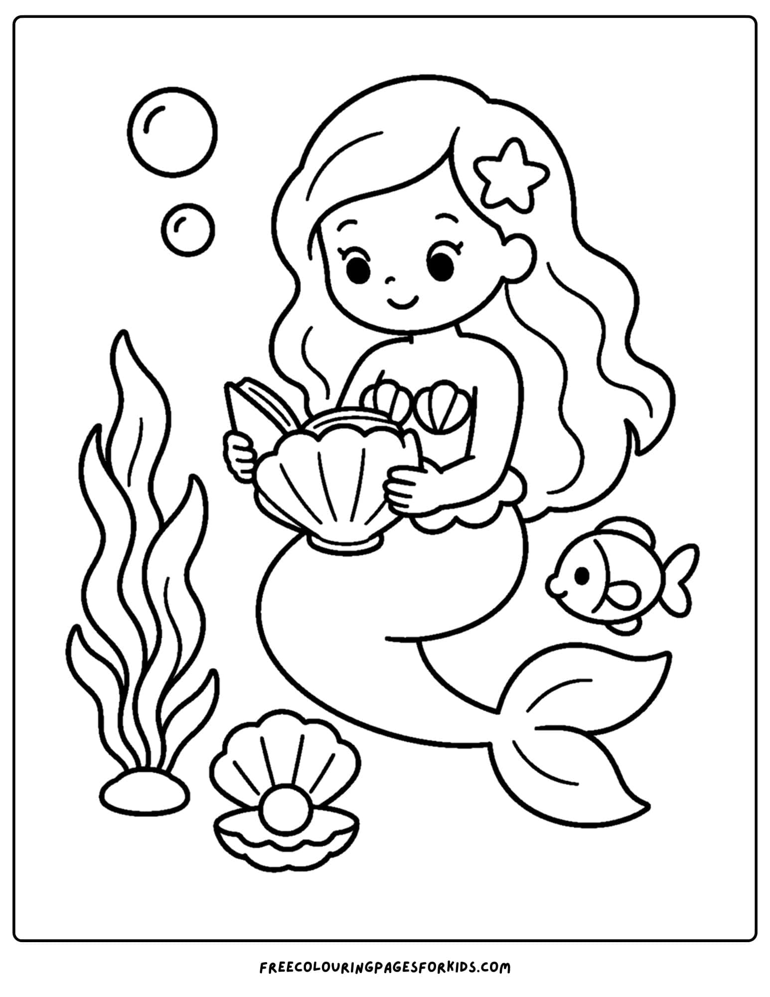 a coloring page of a mermaid reading a book shaped like a shell