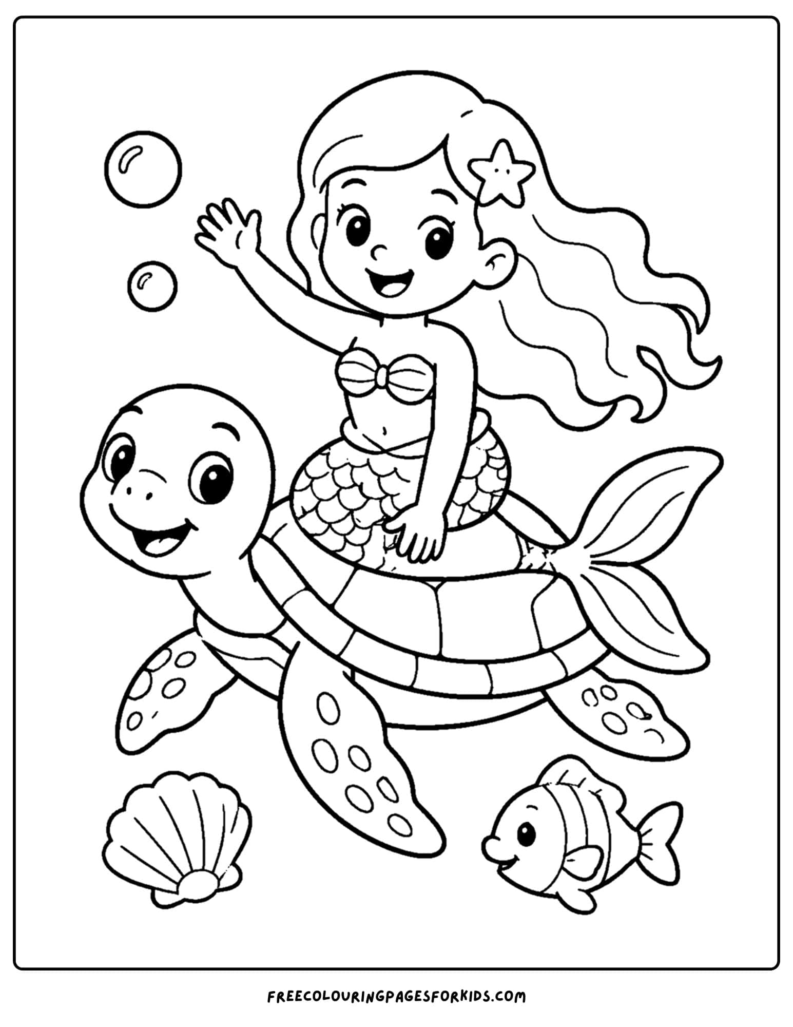 a coloring page of a mermaid riding on a turtle back