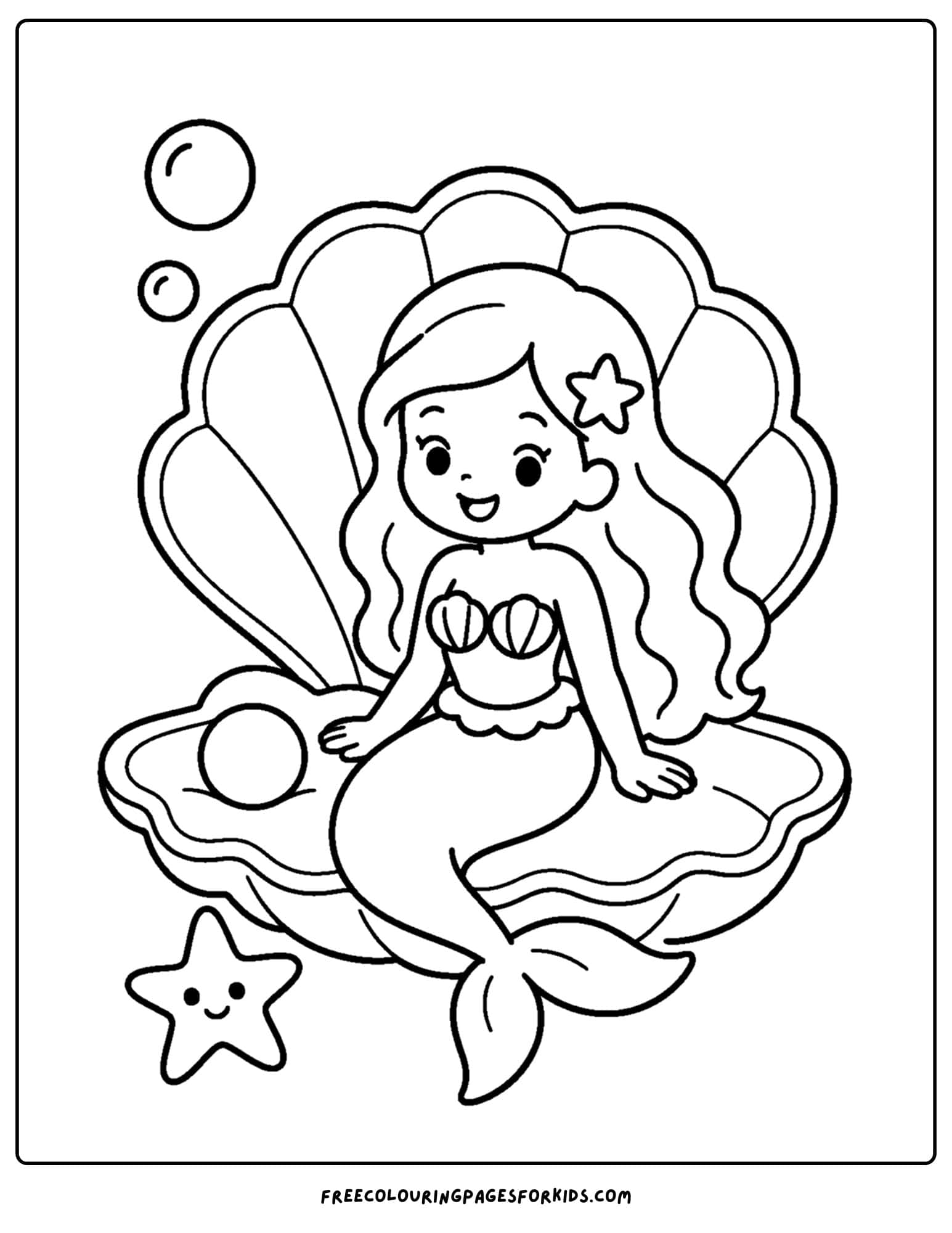 a coloring page of a mermaid sitting in a giant clam