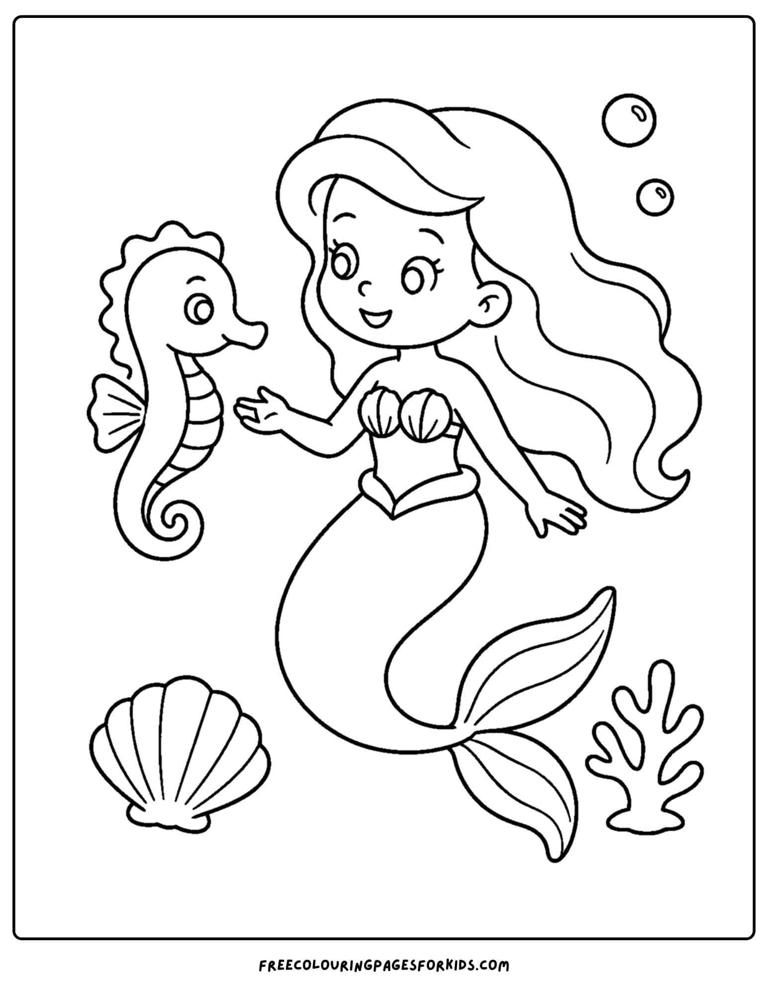 a coloring page of a mermaid smiling at a seahorse