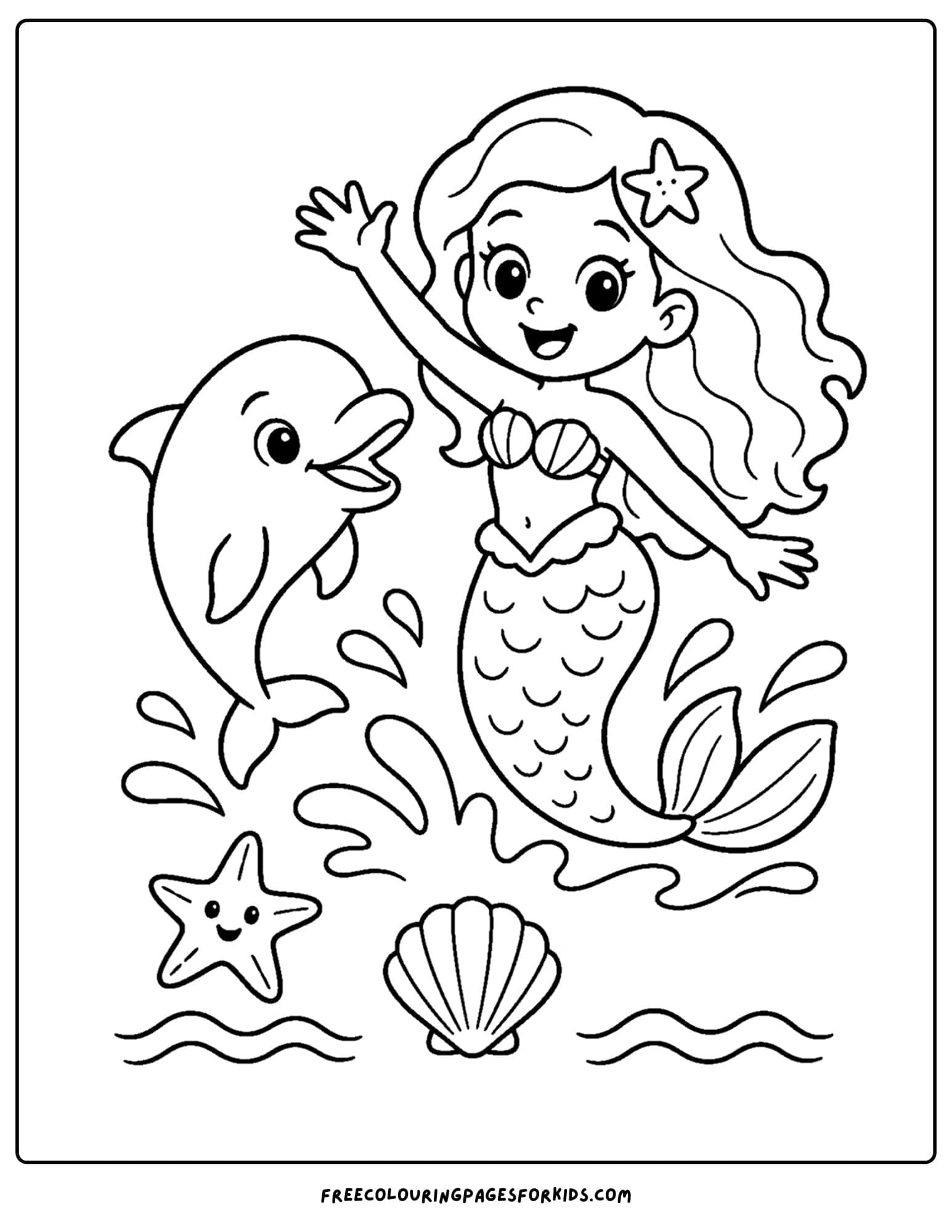 a coloring page of a mermaid making splashes with a dolphin