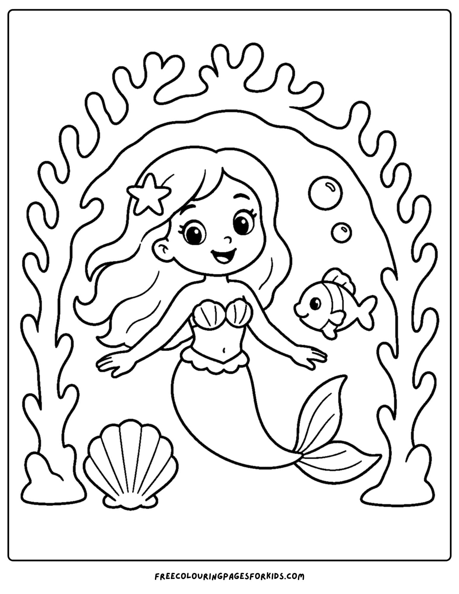 a coloring page of a mermaid swimming under an arch of coral