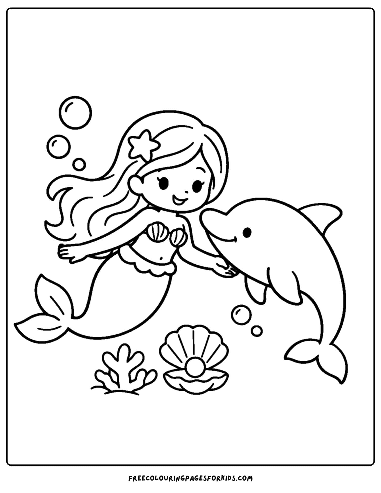 a coloring page of a mermaid and a dolphin together