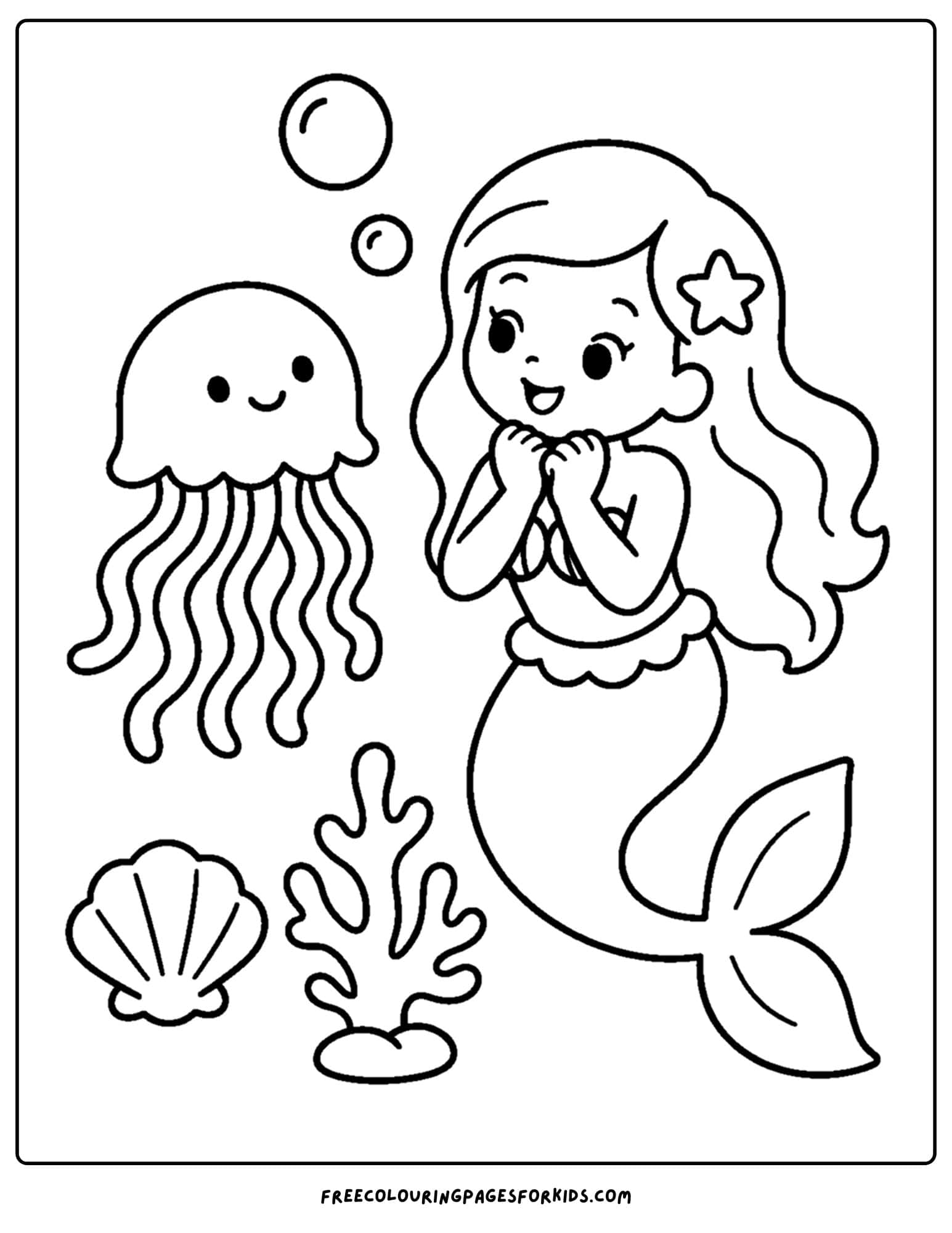 a coloring page of a mermaid and a jellyfish