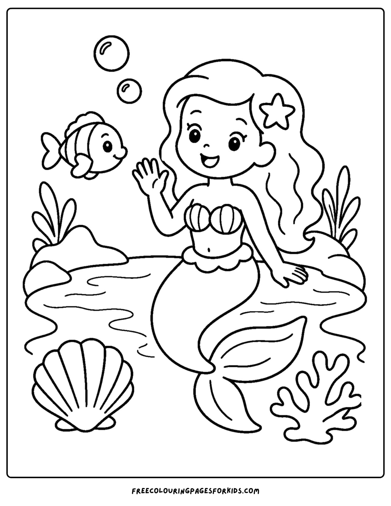 a coloring page of a mermaid waving at the bottom of a lagoon