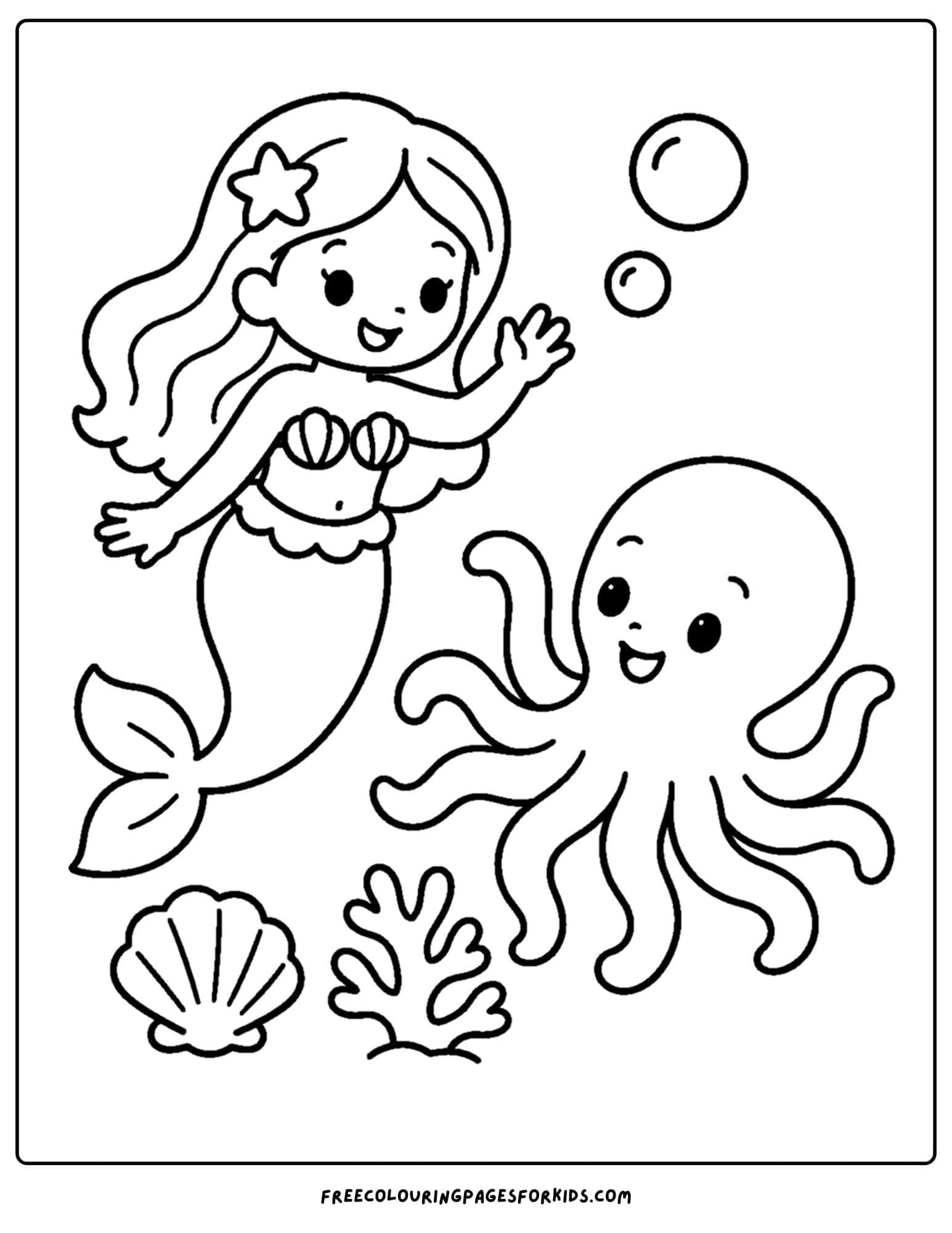 a coloring page of a mermaid waving to an octopus