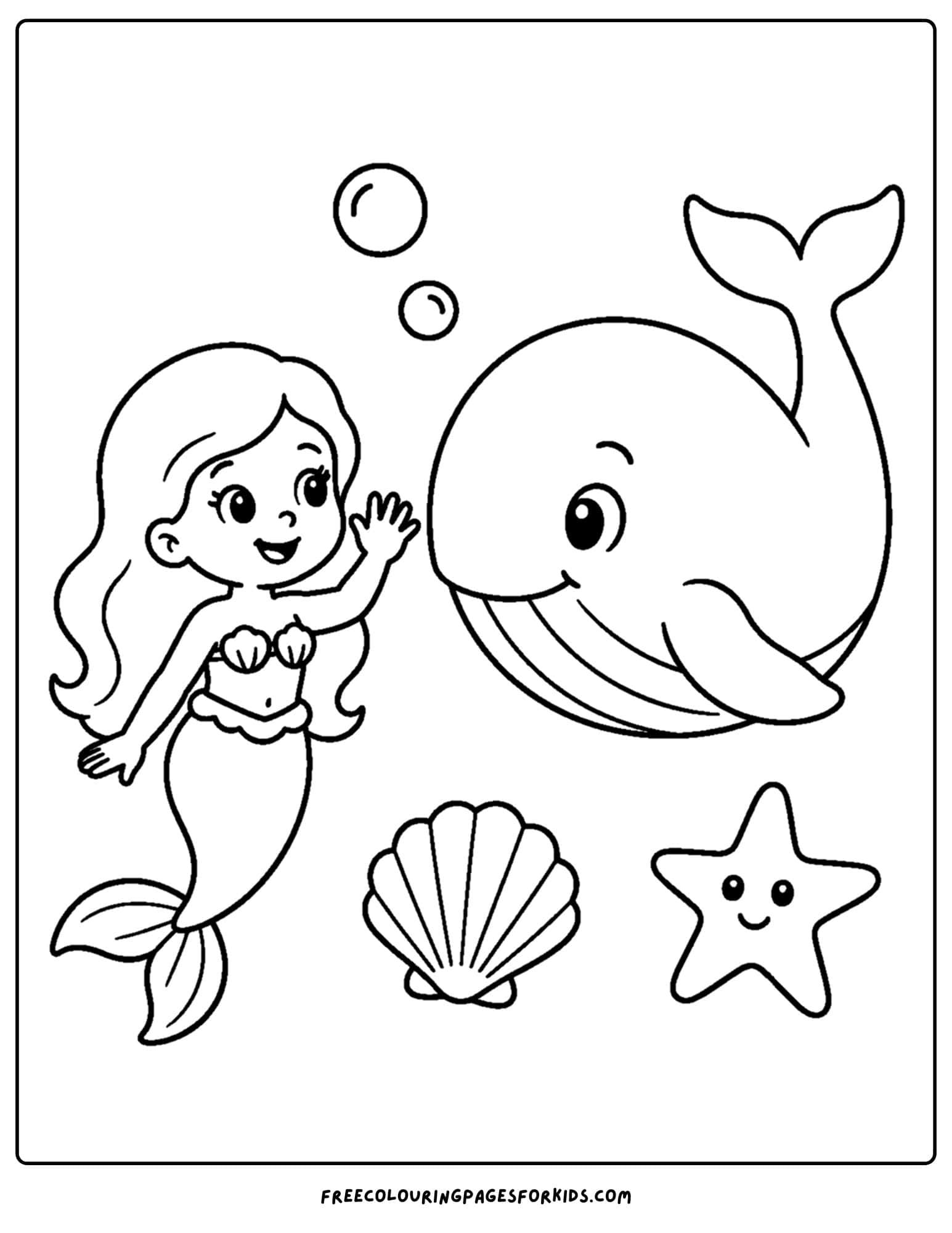 a coloring page of a mermaid waving to a whale