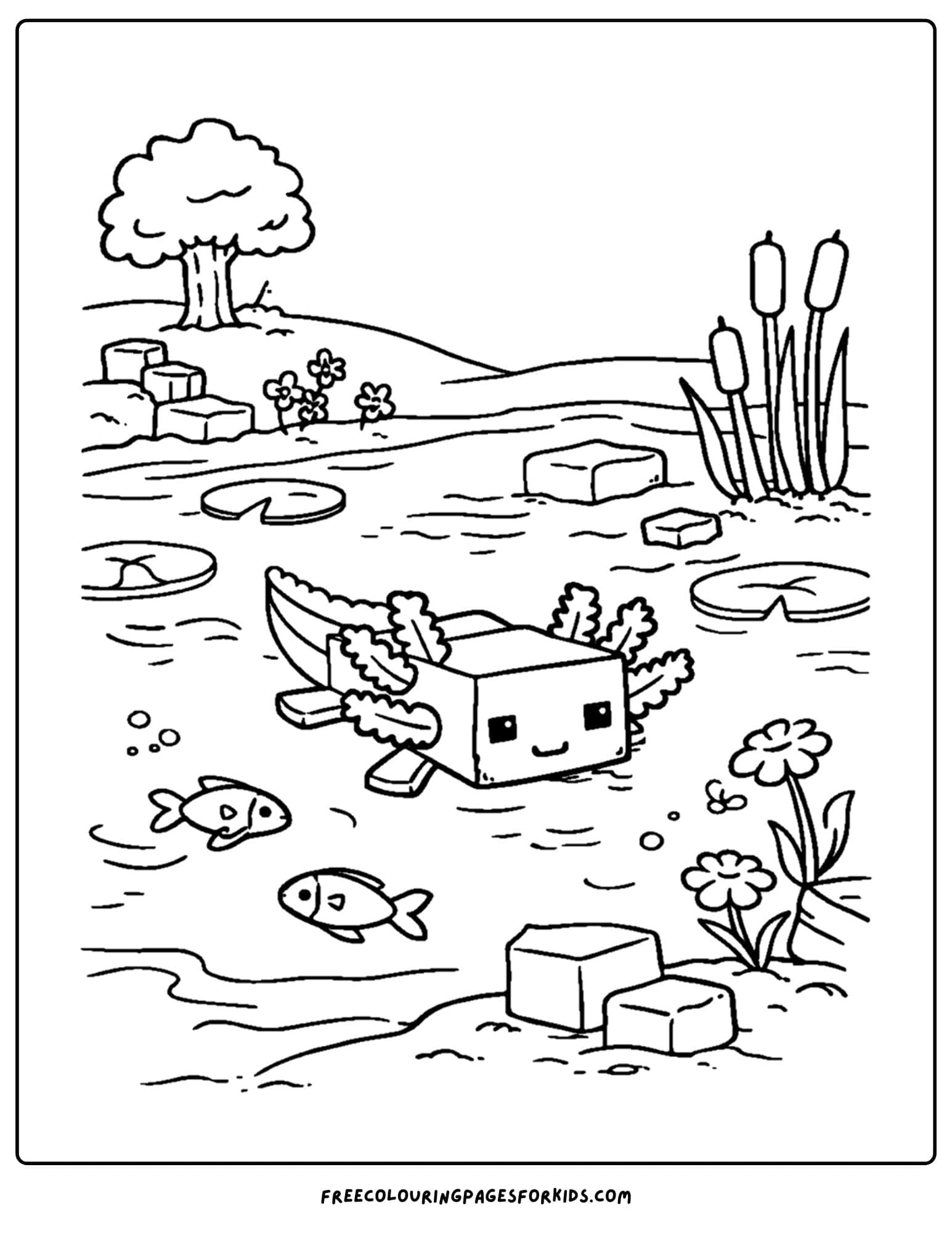 a minecraft coloring pages showing an axolotl in a pond