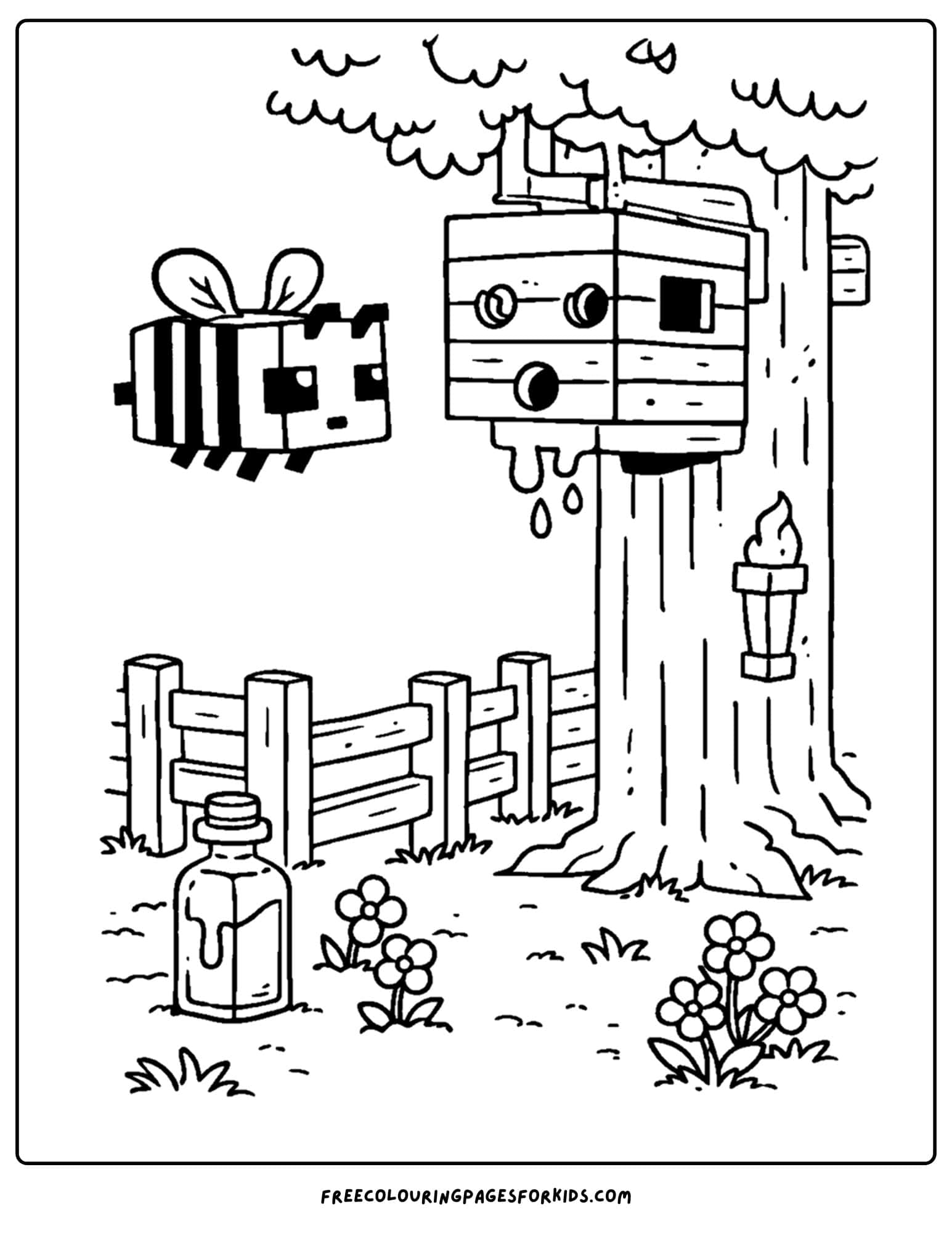 a minecraft coloring pages showing a bee near a hive