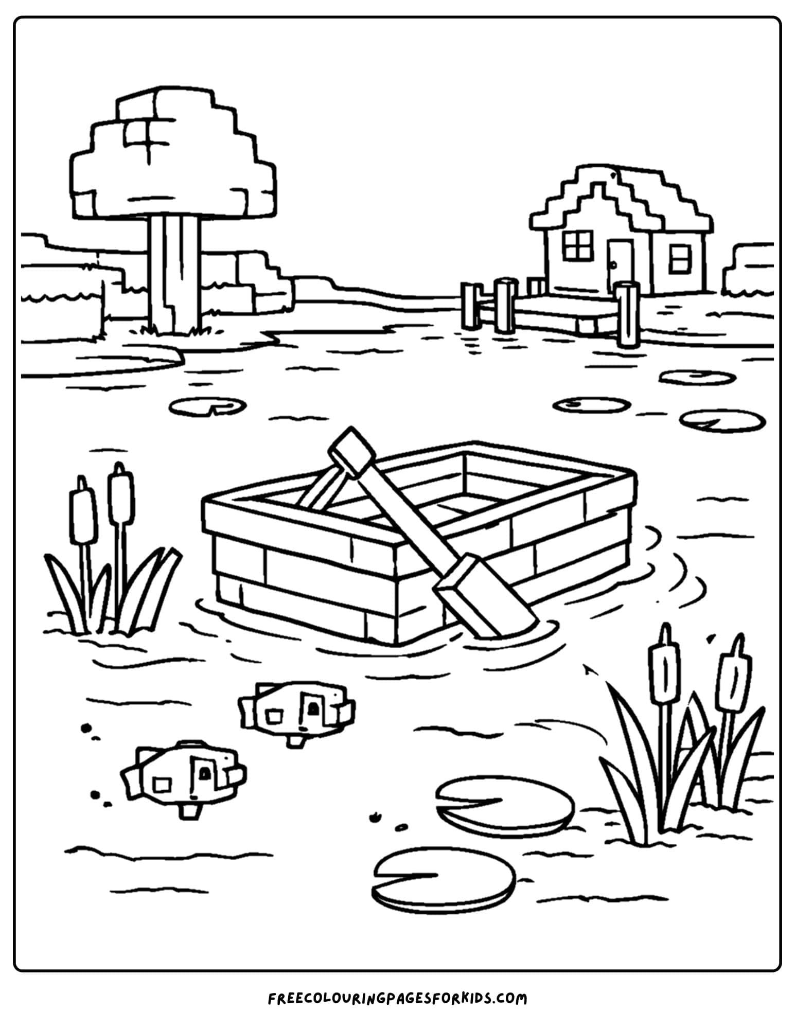 a minecraft coloring pages showing a boat on a lake