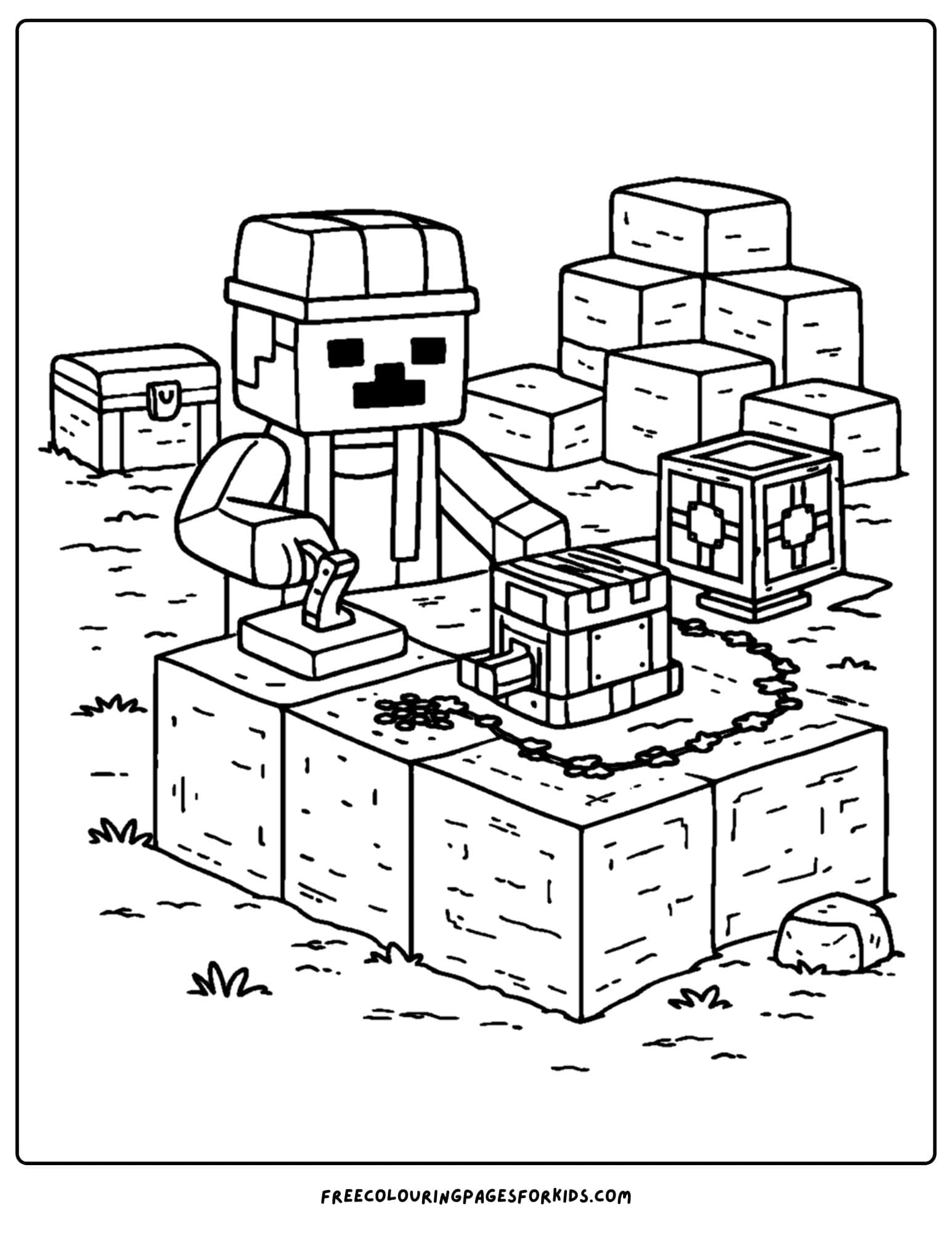 a minecraft coloring pages showing a character working on a table