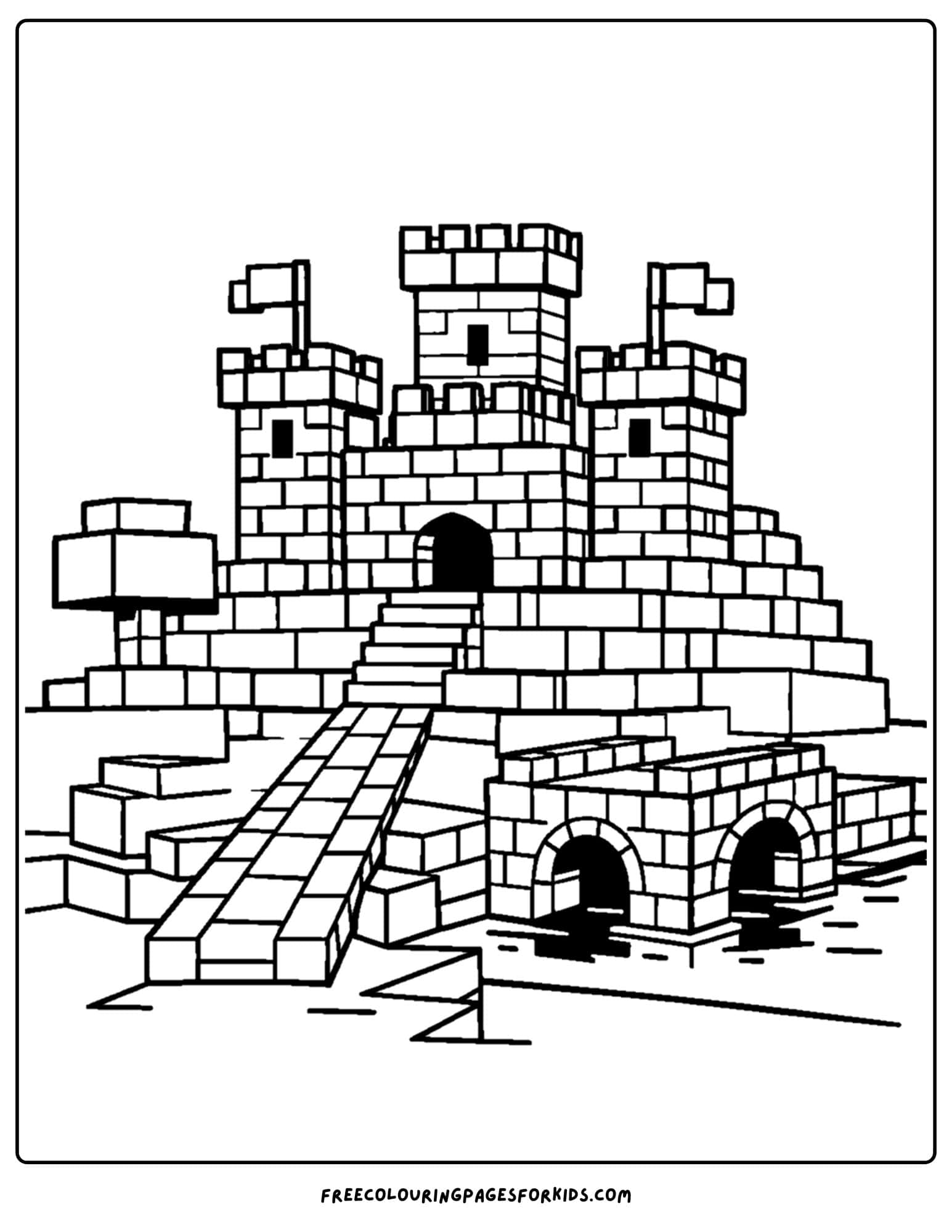 a minecraft coloring pages showing a block castle