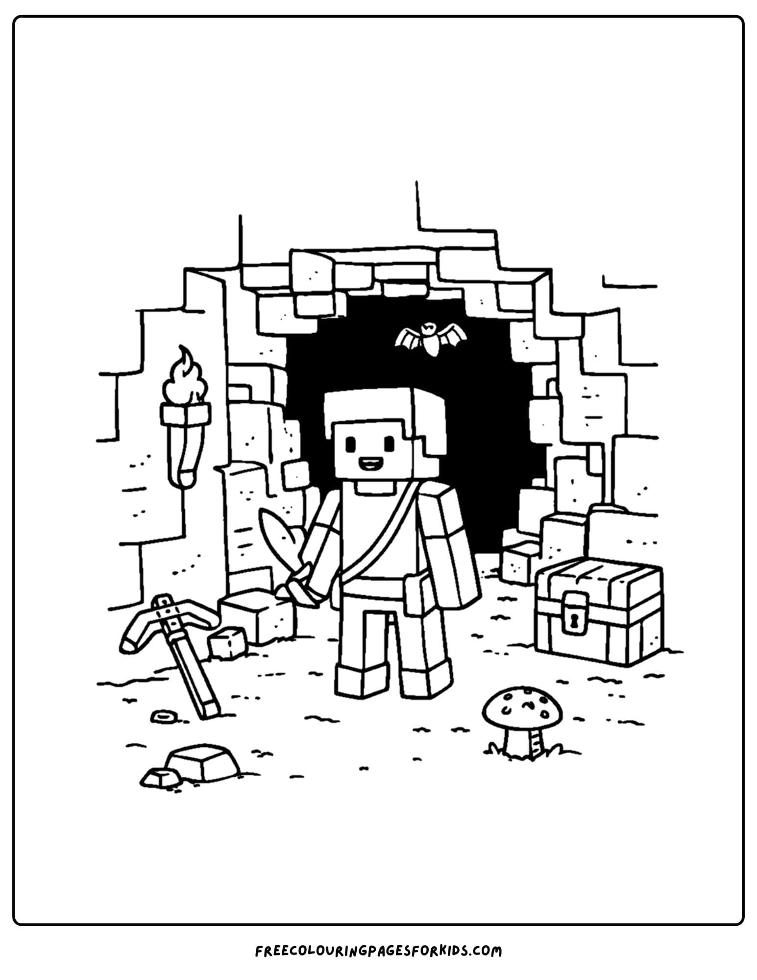 a minecraft coloring pages showing a character at a cave entrace