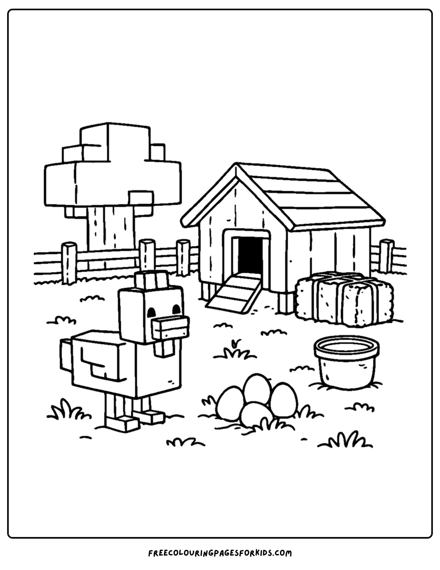 a minecraft coloring pages showing a chicken at a chicken coop