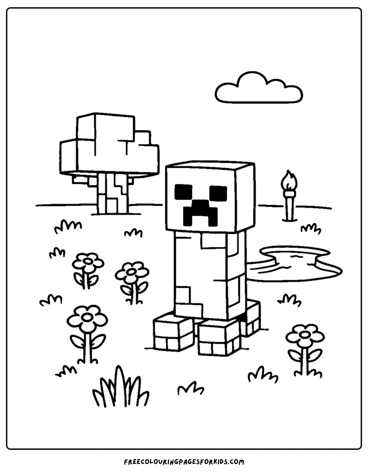 a minecraft coloring pages showing a creeper in a field