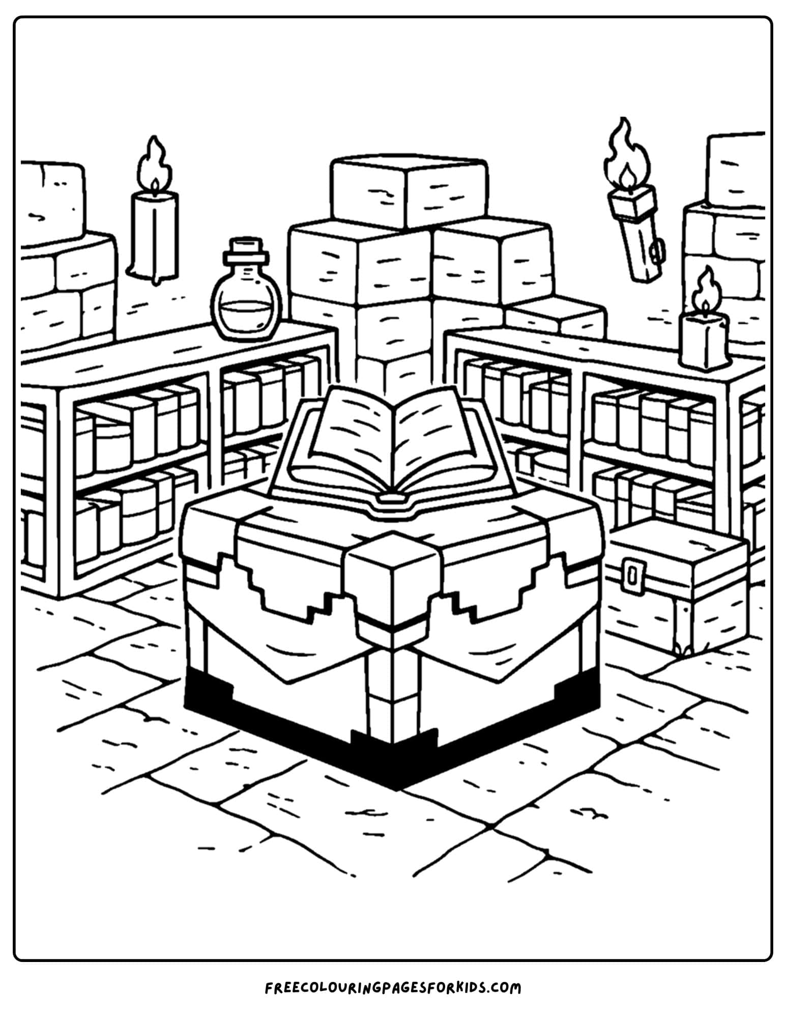 a minecraft coloring pages showing an enchanting table in a room