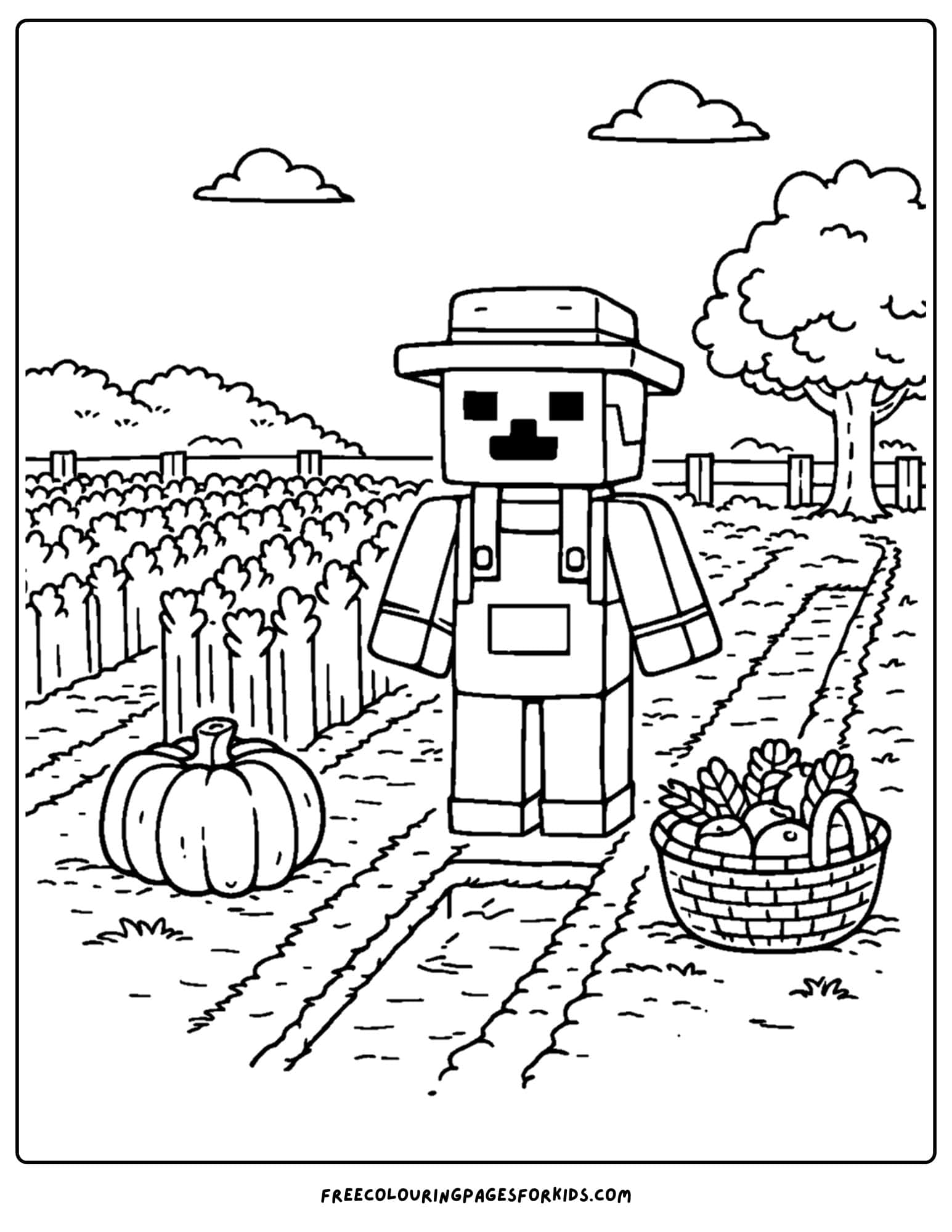 a minecraft coloring pages showing a farmer in a field