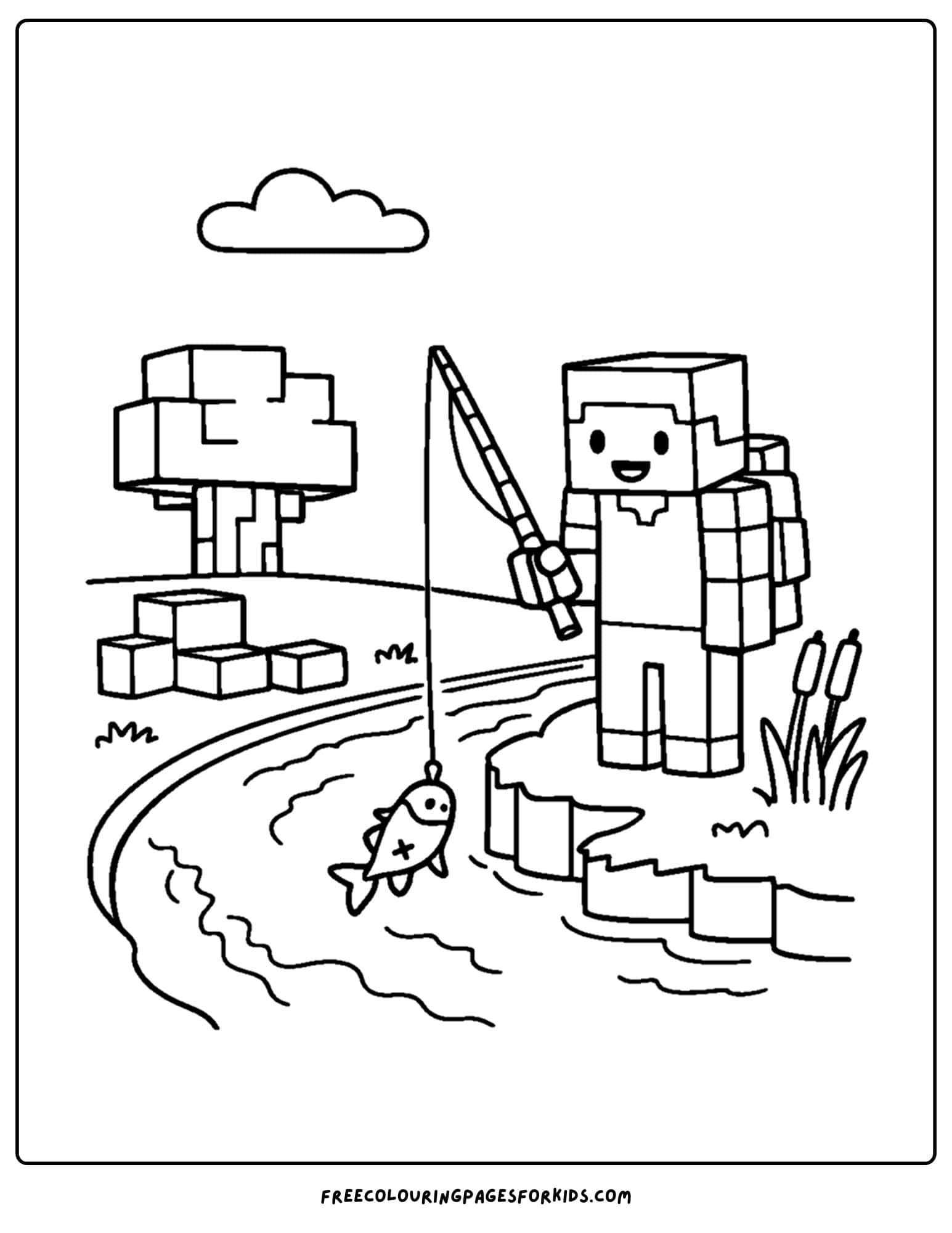 a minecraft coloring pages showing a character fishing