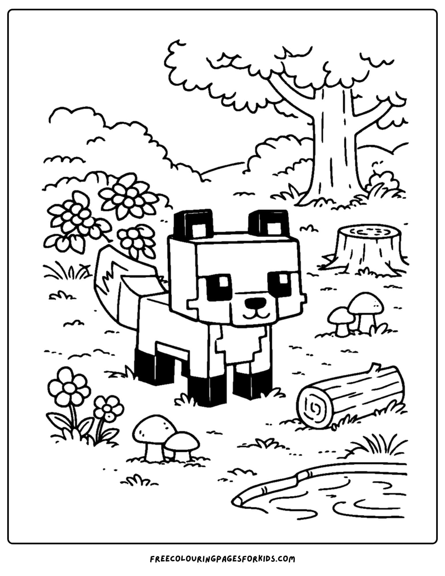 a minecraft coloring pages showing a fox amongst trees