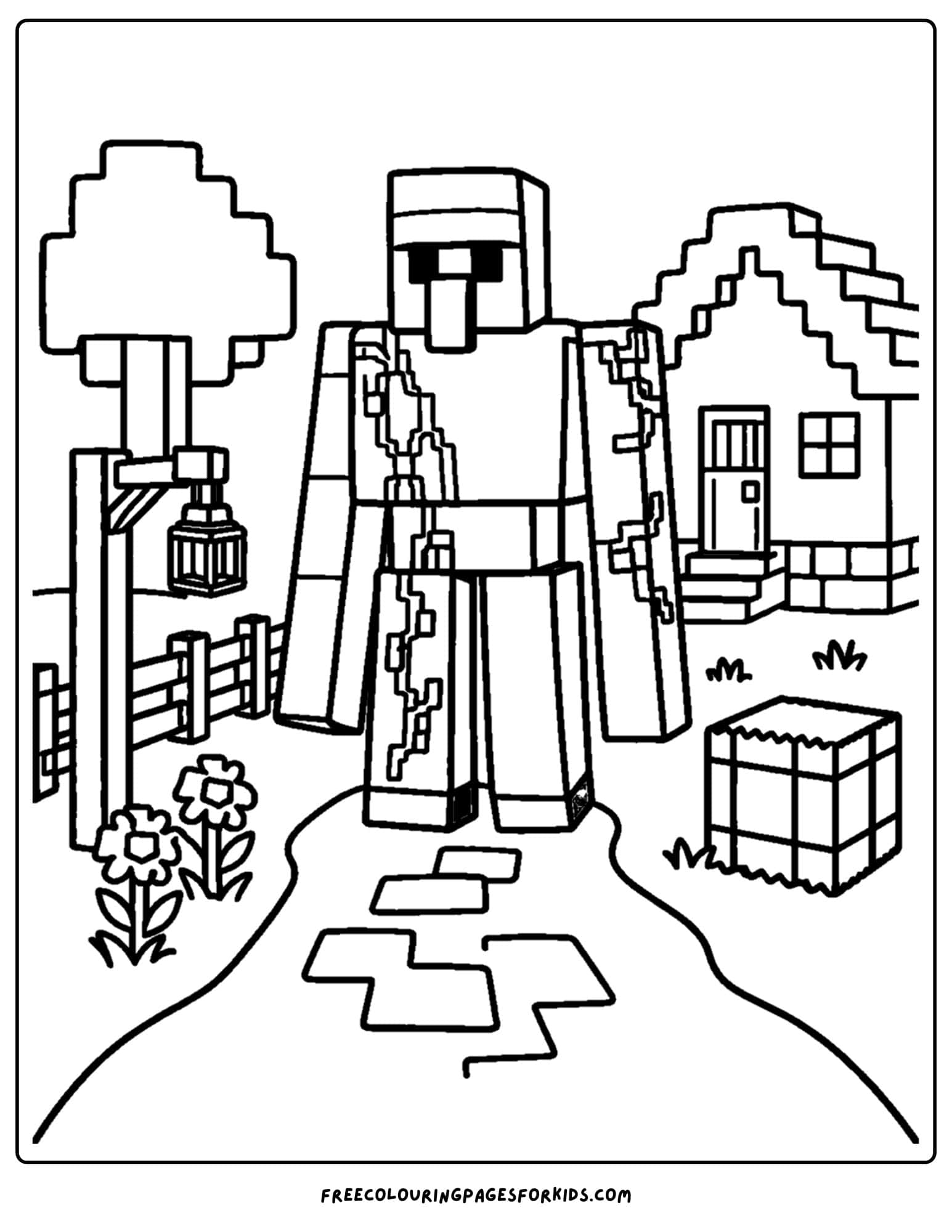 a minecraft coloring pages showing an iron golem in front of a village