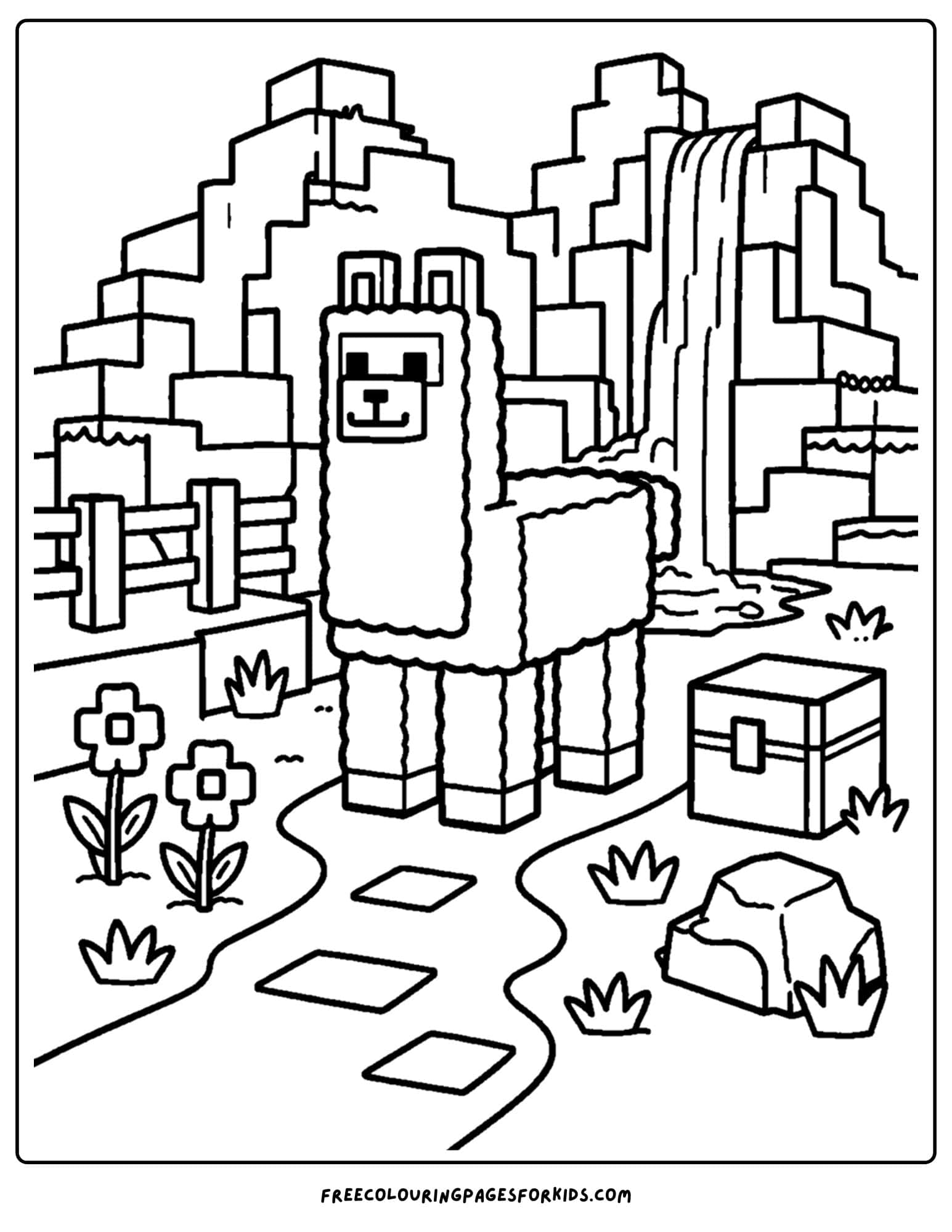 a minecraft coloring pages showing a llama next to a mountain