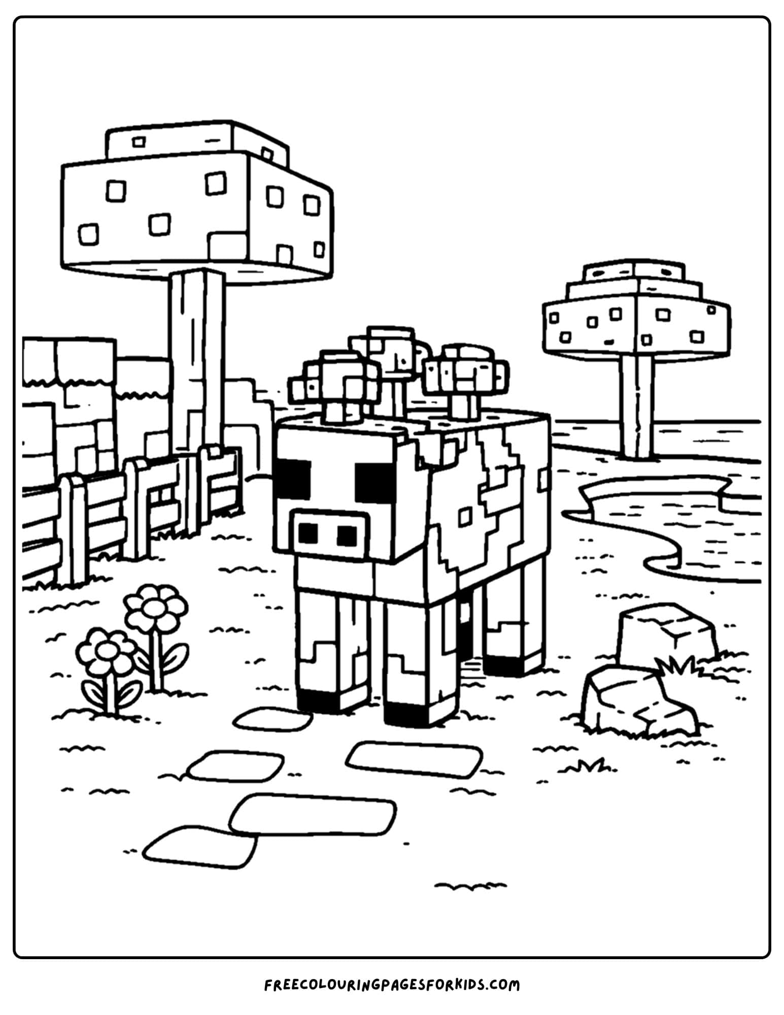 a minecraft coloring pages showing a mooshroom walking