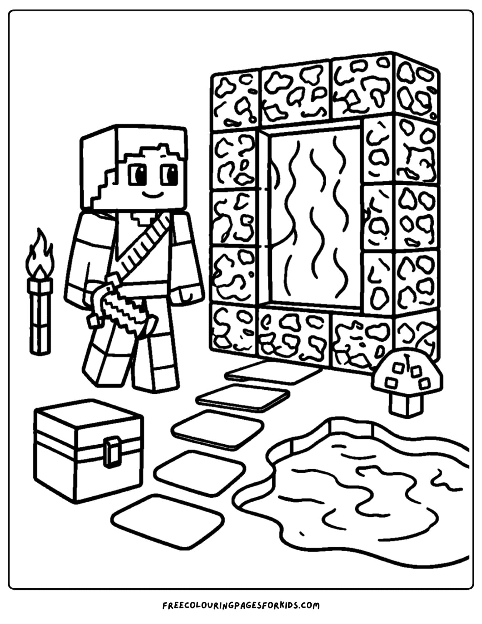 a minecraft coloring pages showing steve next to a nether portal
