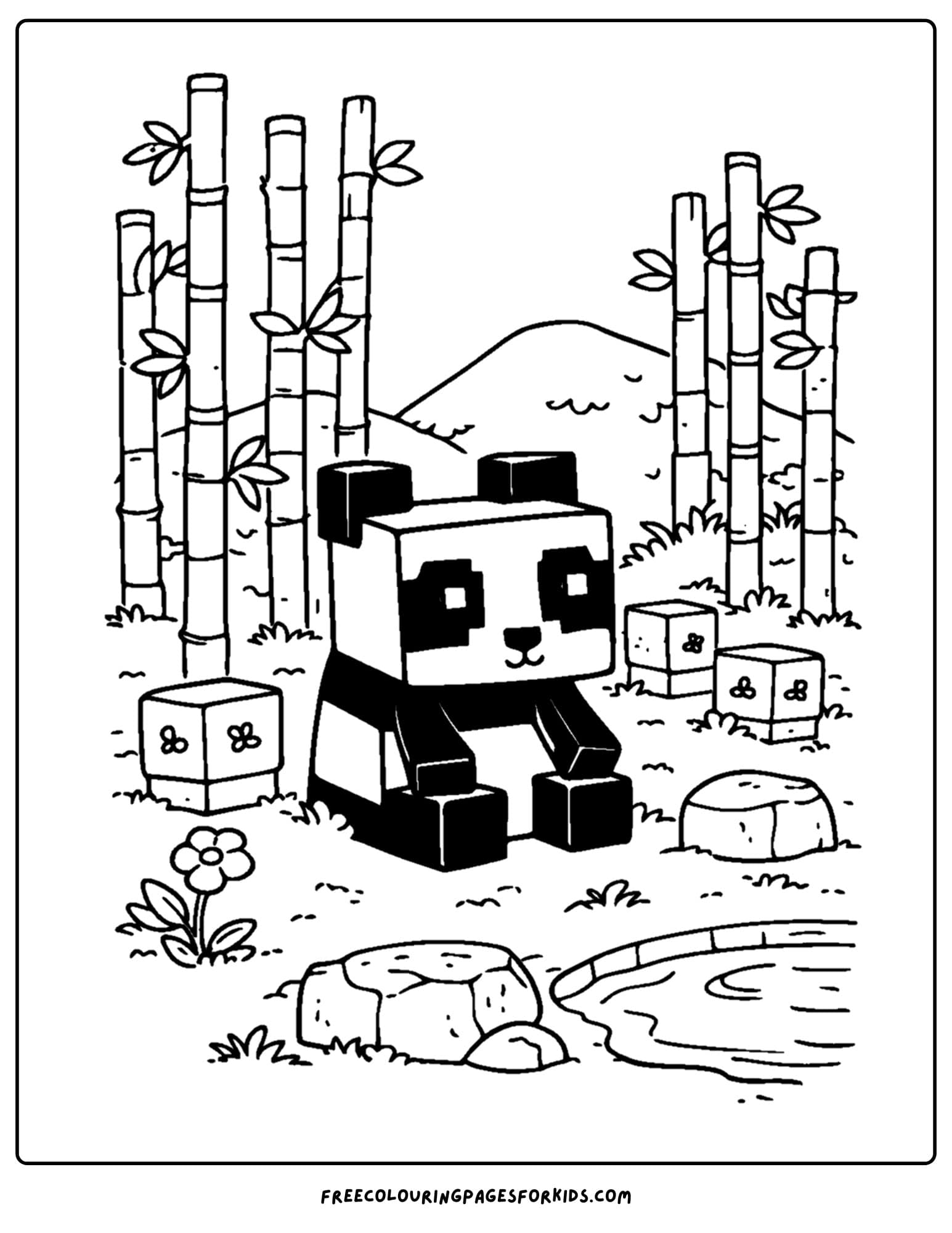 a minecraft coloring pages showing a panda in a bamboo grove