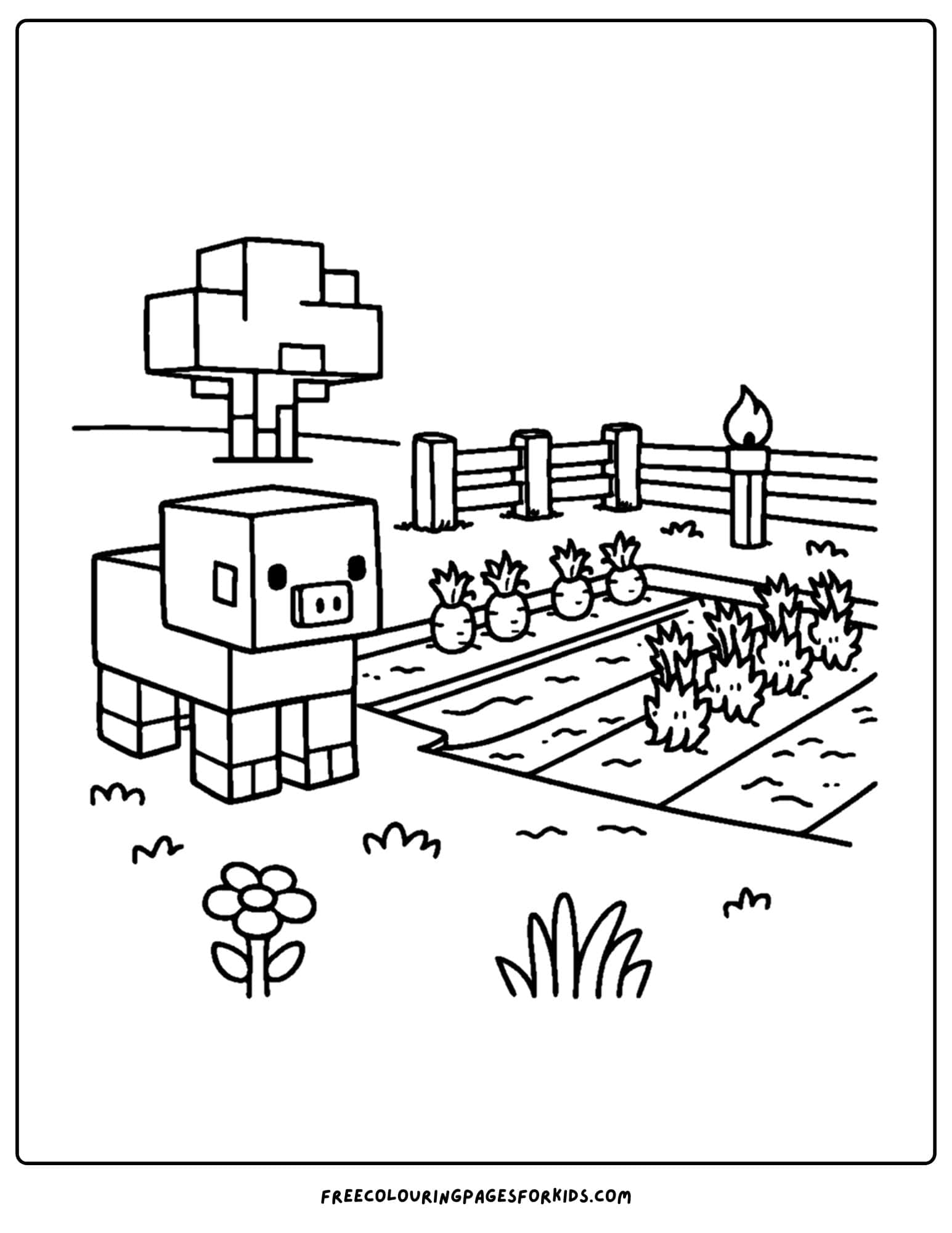 a minecraft coloring pages showing a pig at a farm