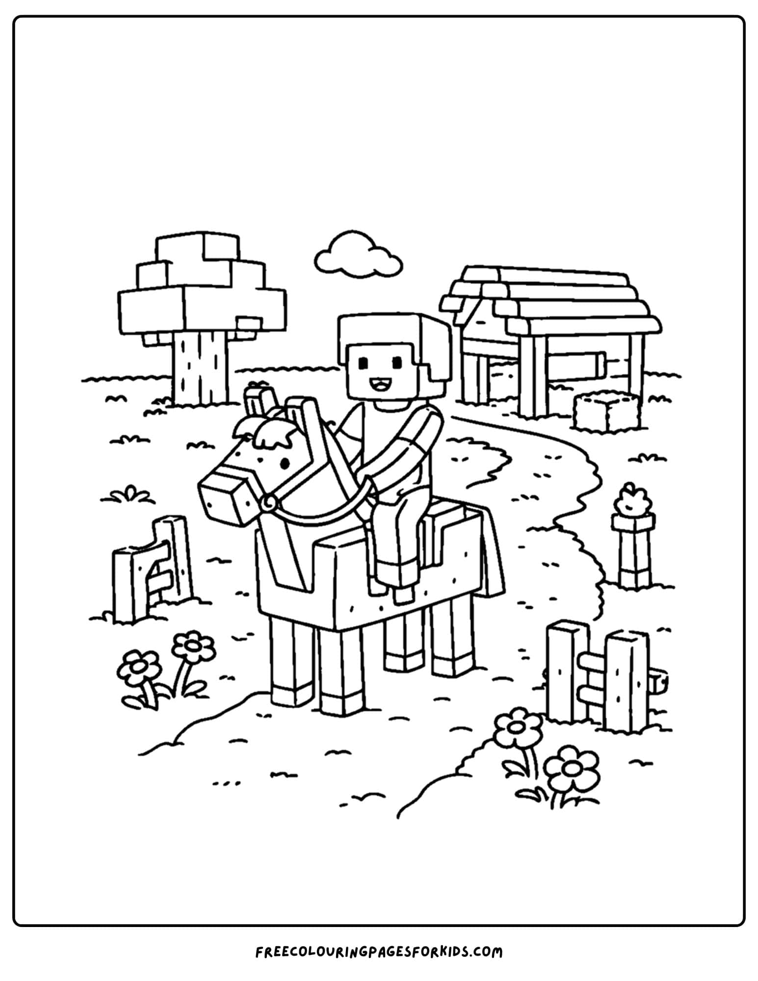 a minecraft coloring pages showing a character on a horse