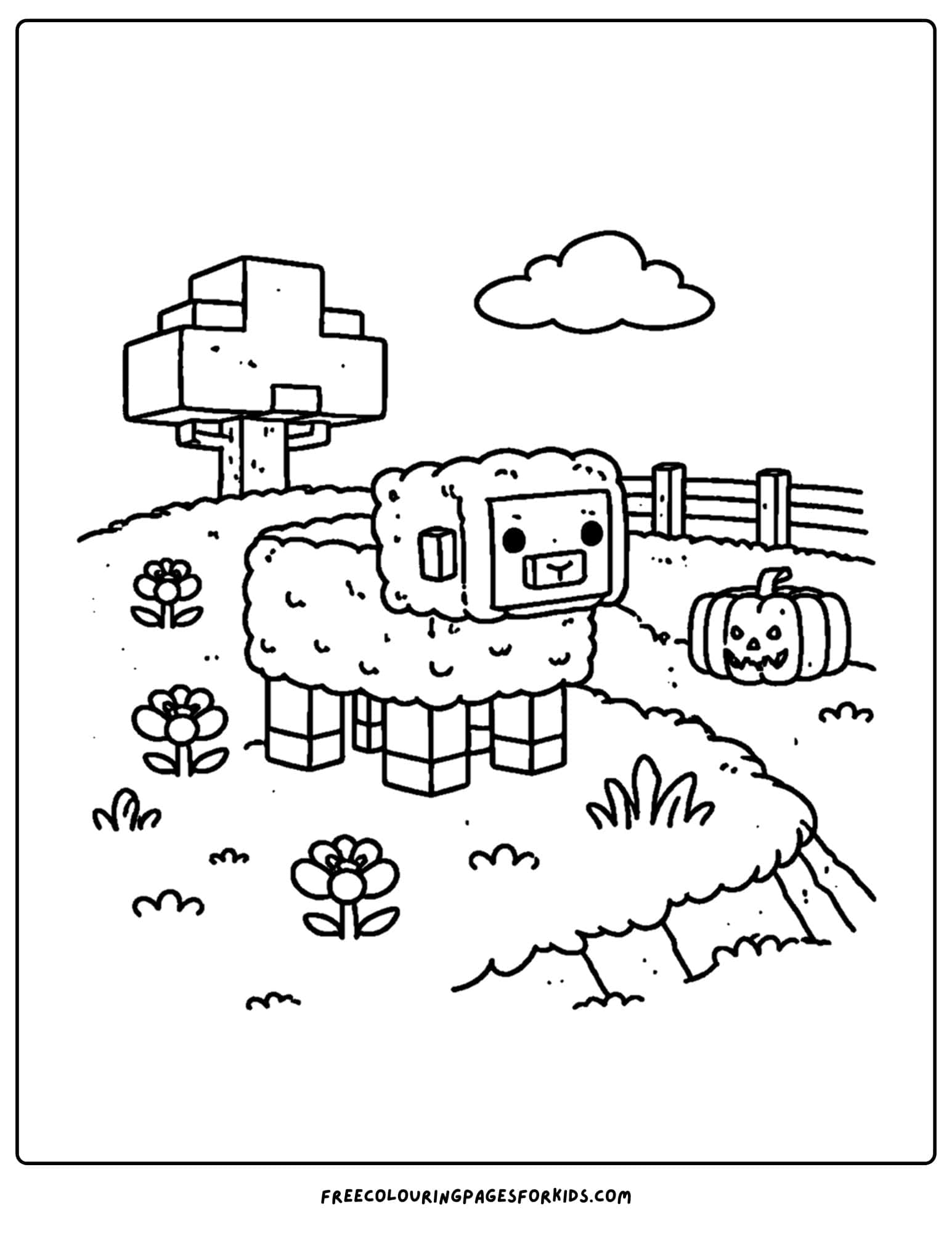 a minecraft coloring pages showing a sheep on a hill