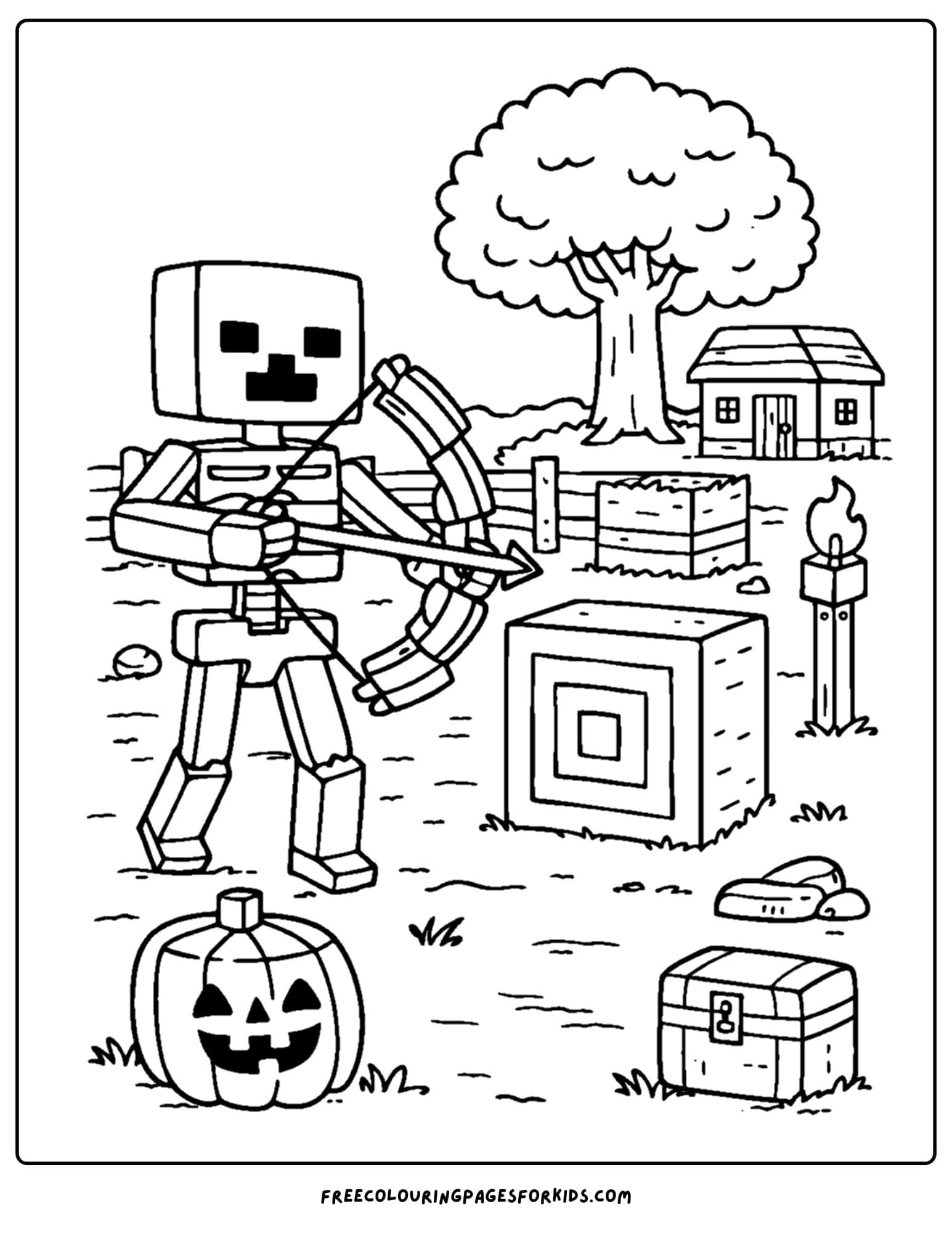 a minecraft coloring pages showing a skeleton archer shooting at a target