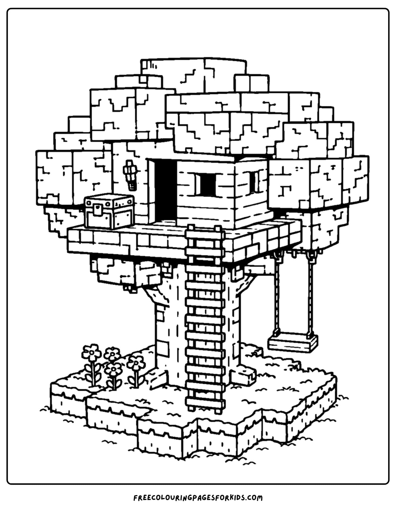 a minecraft coloring pages showing a treehouse