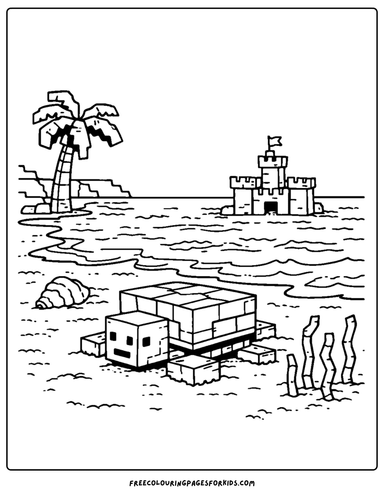 a minecraft coloring pages showing a turtle on the beach with a sandcastle behind