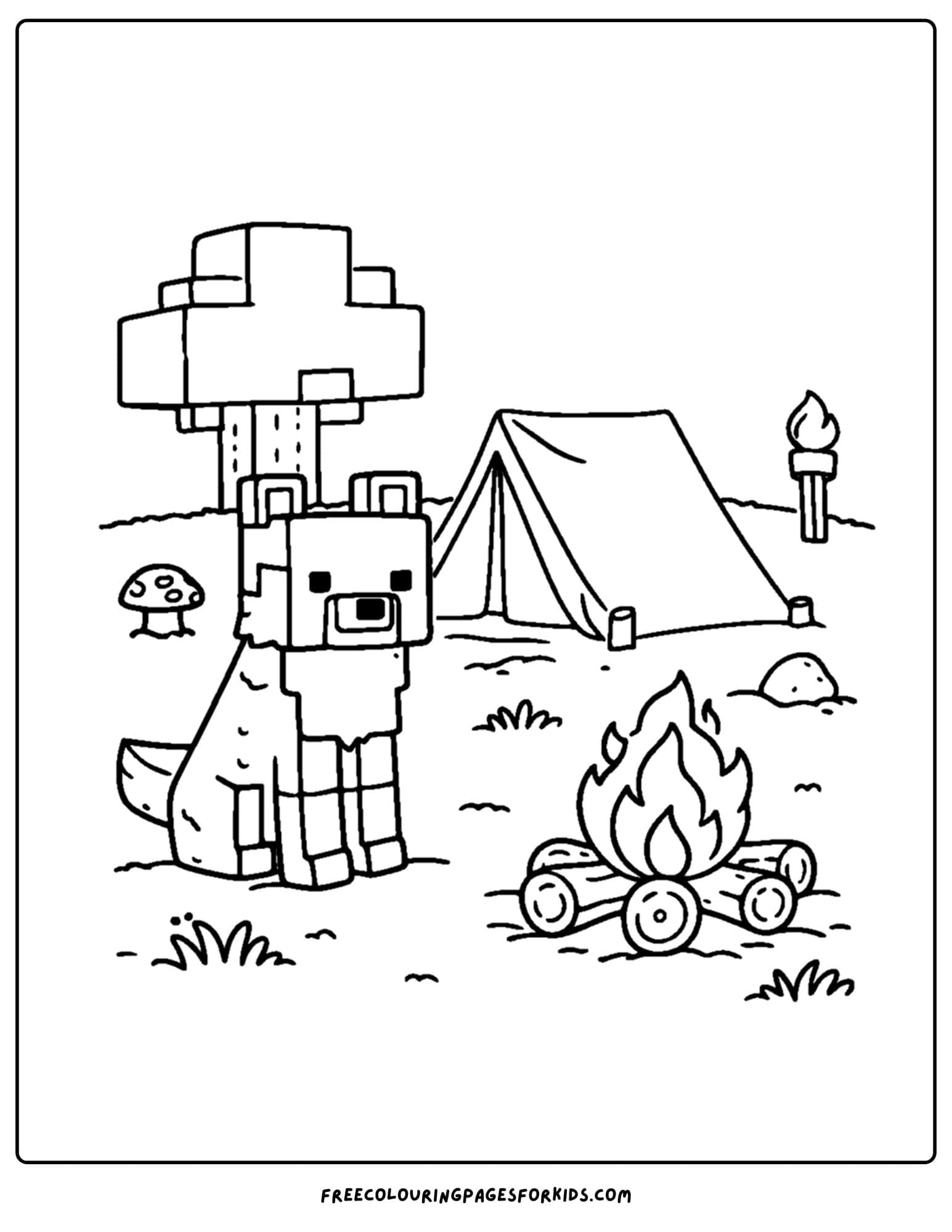 a minecraft coloring pages showing a wolf next to a campfire