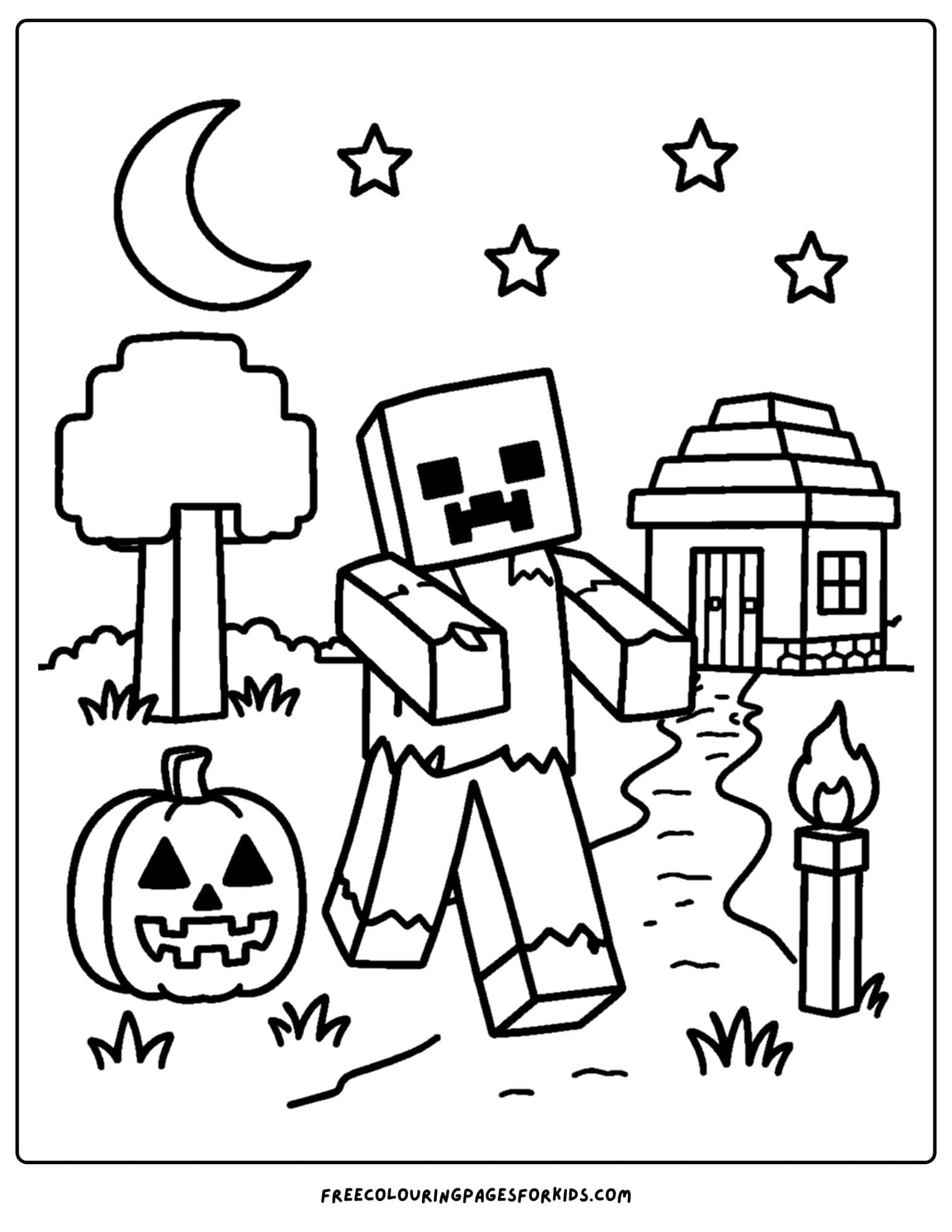 a minecraft coloring pages showing a zombie at night