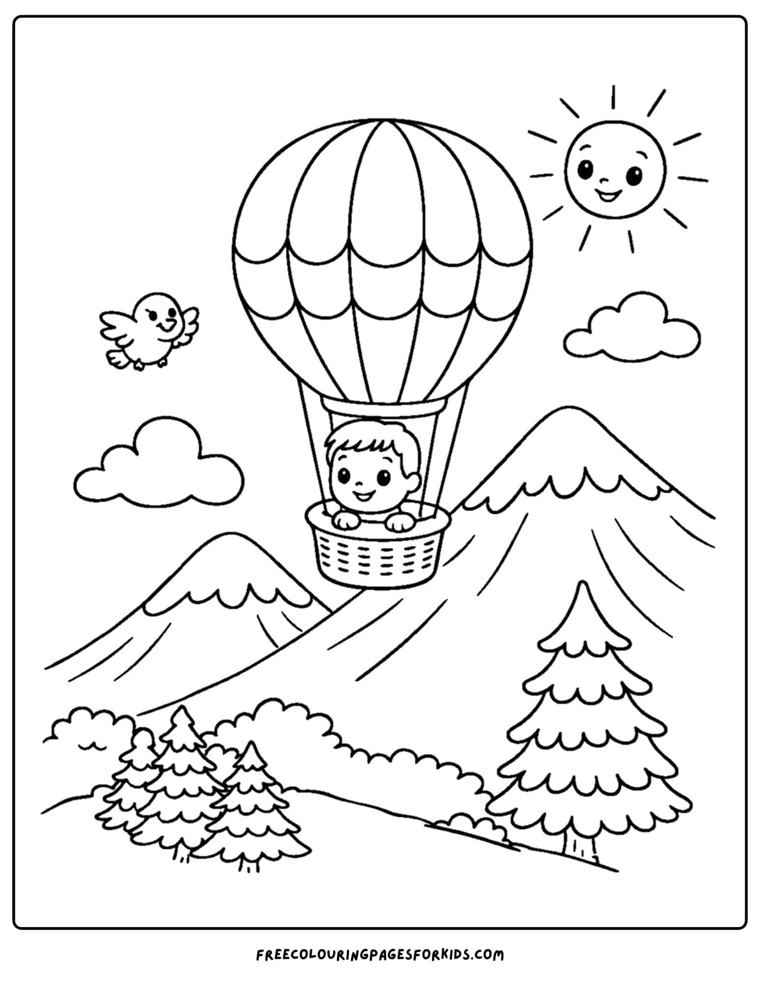 a coloring page of a mountain scene with a hot air balloon drifting across the mountains