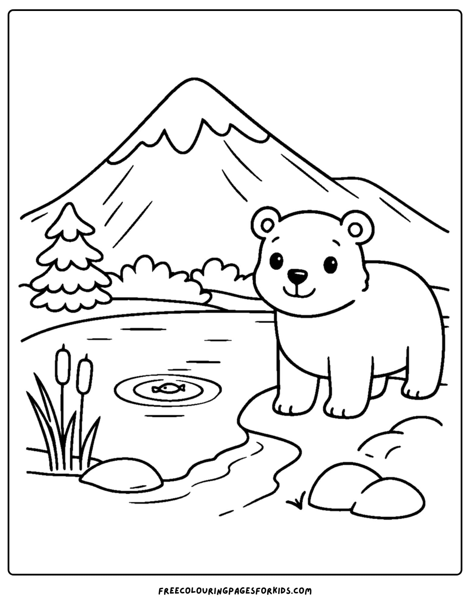a coloring page of a mountain scene with a bear at a lake