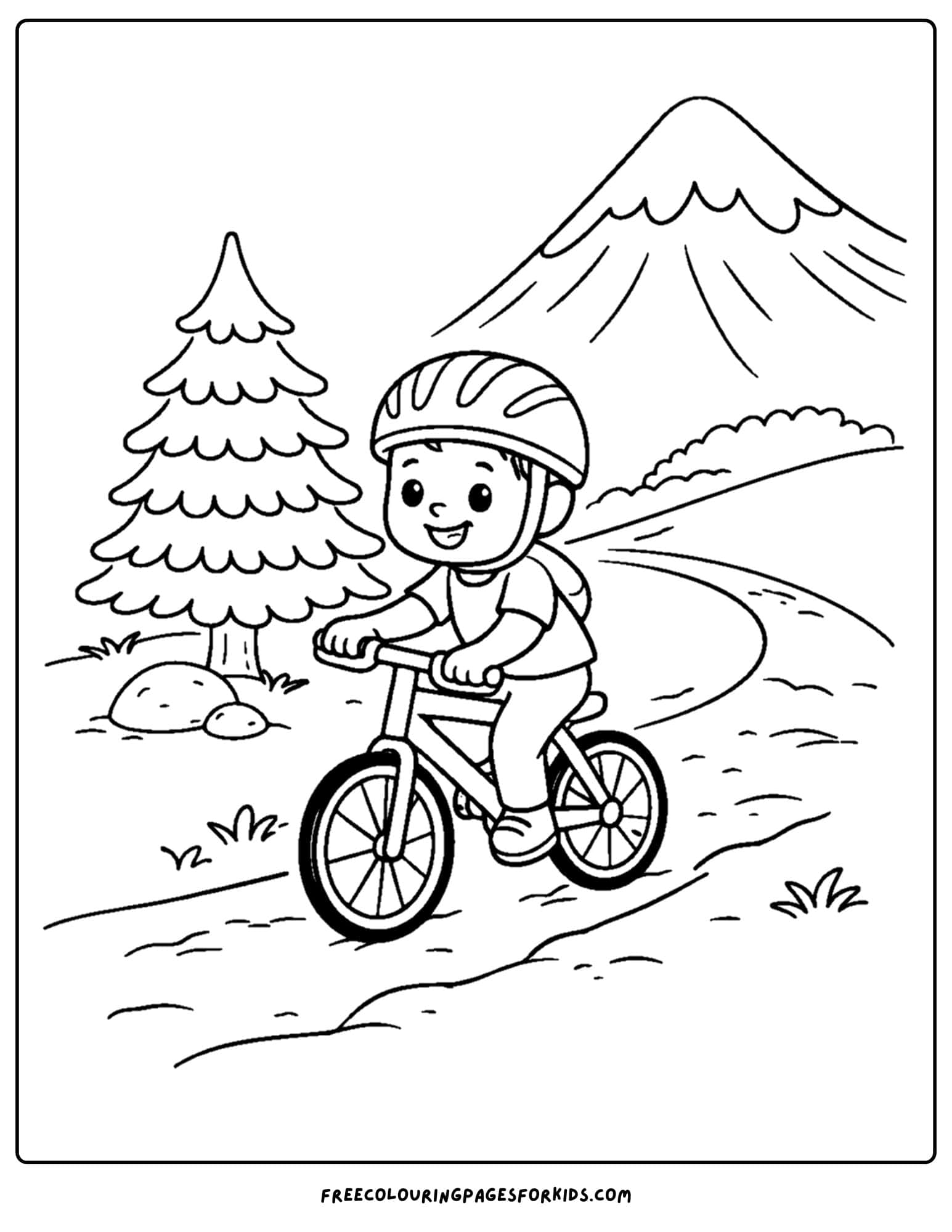 a coloring page of a mountain scene where a kid is riding their mountain bike along a path